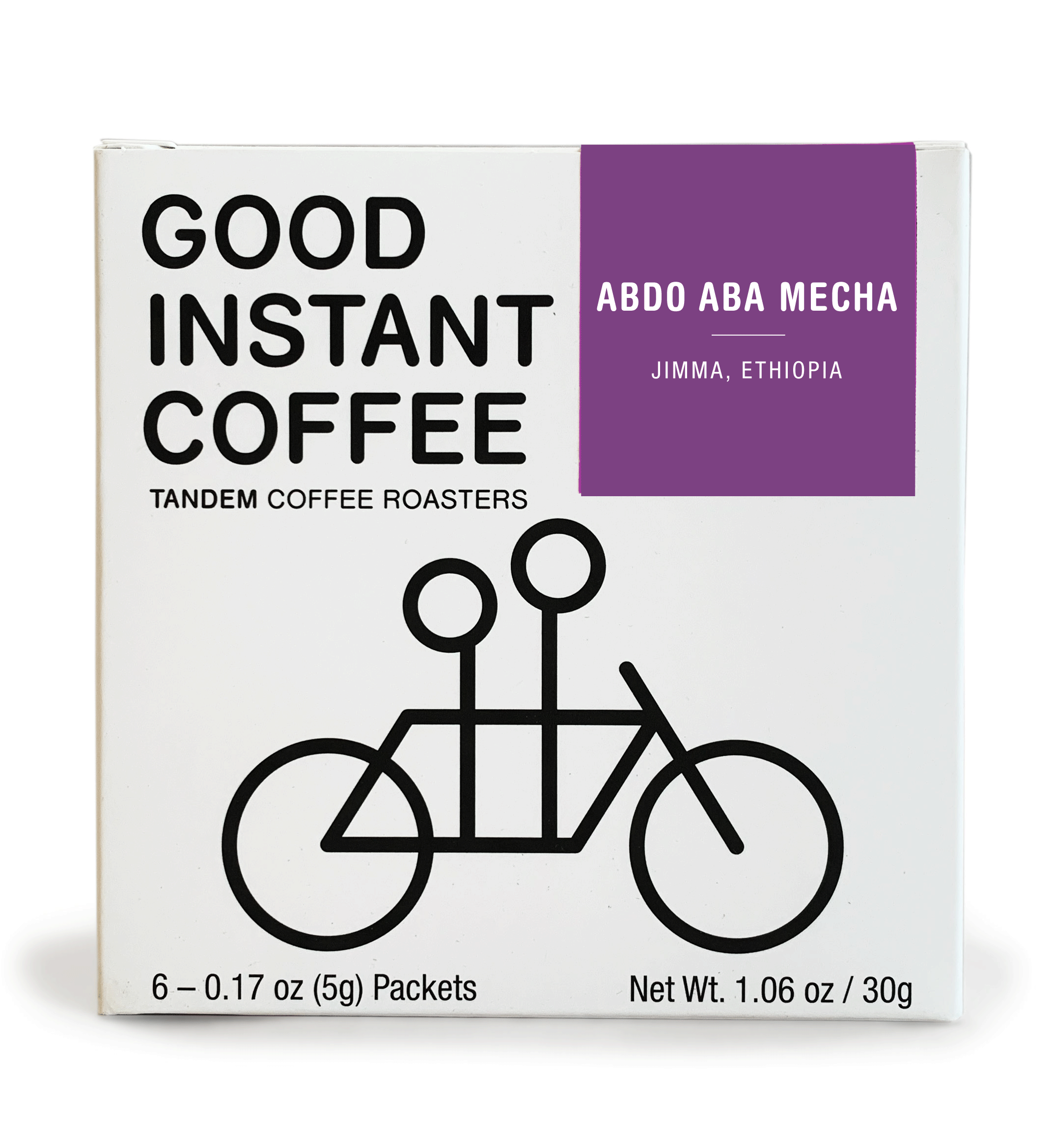 A white box of Ethiopia - Instant Coffee - 6 Pack by Tandem Coffee Roasters, with a minimalist bicycle design and purple label. Just add hot water—ideal for camping or busy days. Includes six 0.17 oz packets.