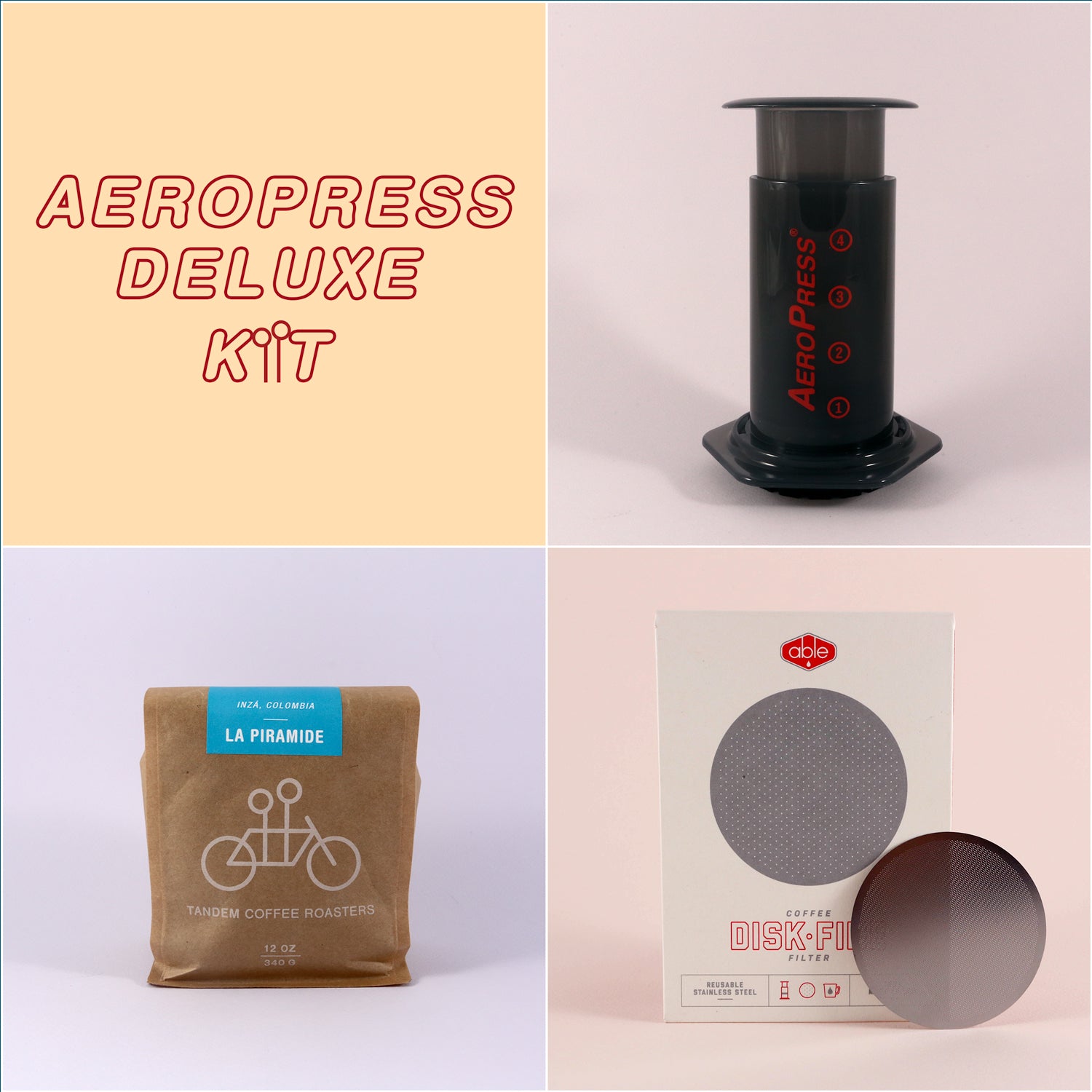Collage featuring four images: top left shows "AeroPress Deluxe Kit" text, top right displays an AeroPress coffee maker, bottom left features a bag of freshly roasted "La Piramide" from Tandem Coffee Roasters.