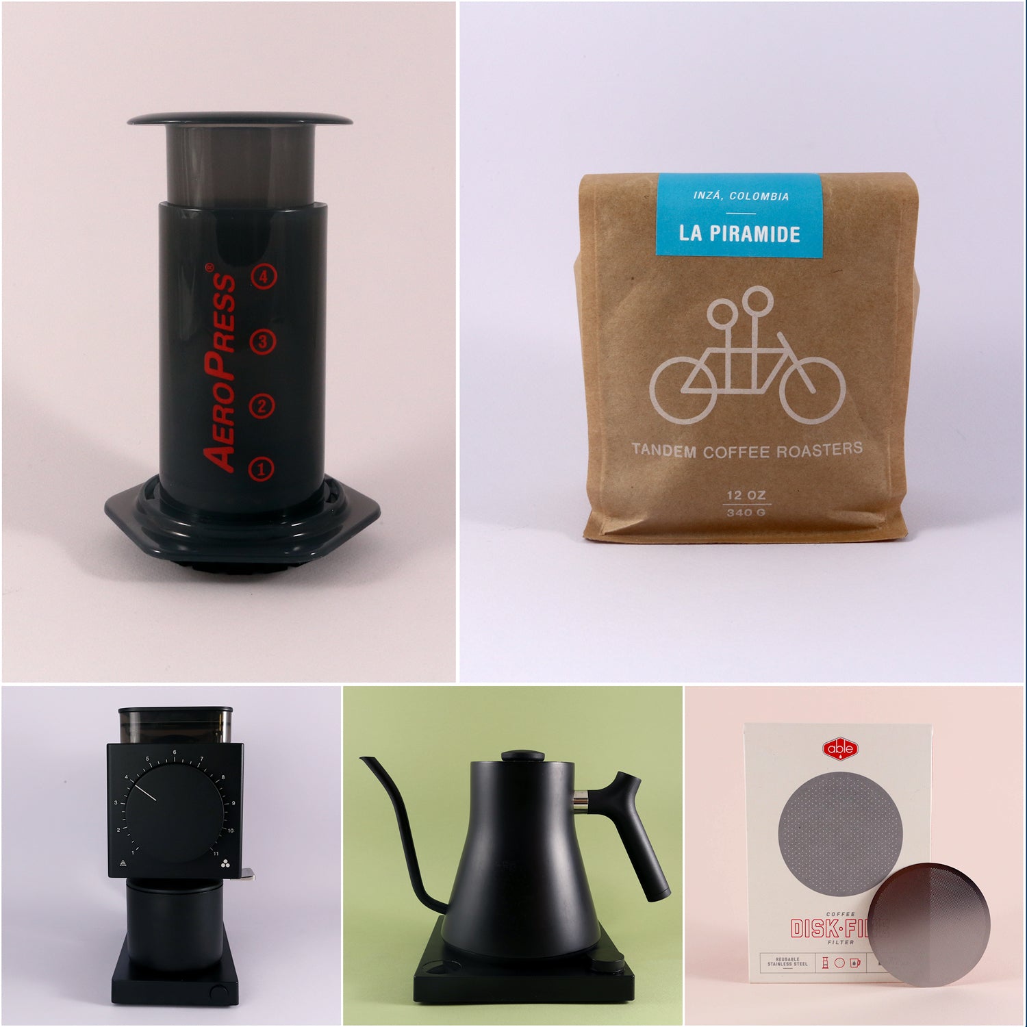 A collage of six images featuring coffee brewing equipment and products: an AeroPress Deluxe Kit, a bag of freshly roasted La Piramide coffee from Tandem Coffee Roasters, a grinder, a black pour-over kettle, a mesh filter.