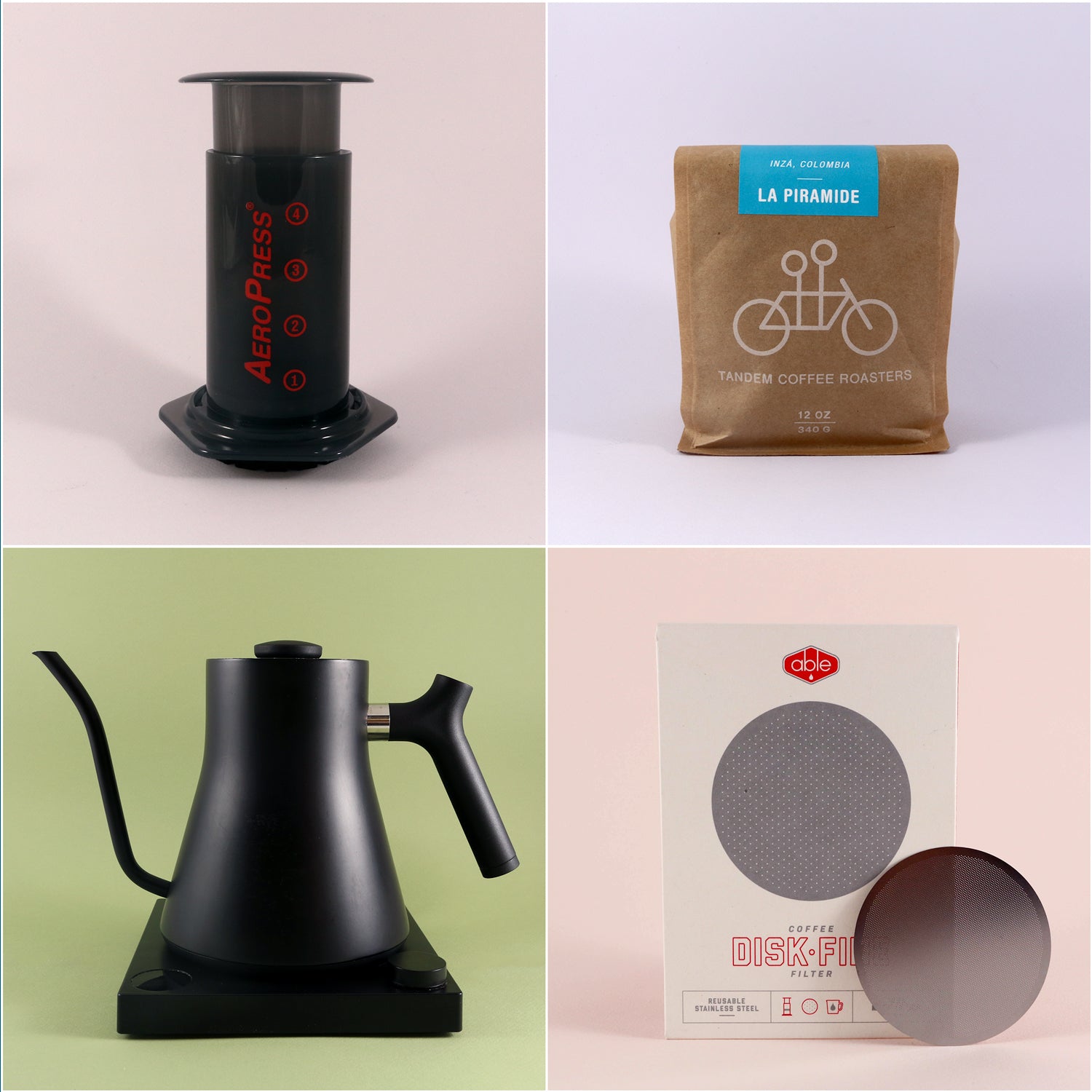Four images displaying coffee equipment: top left, an AeroPress Deluxe Kit Brewer; top right, a bag of Tandem Coffee Roasters 'la piramide' coffee beans; bottom left, a black gooseneck kettle; bottom