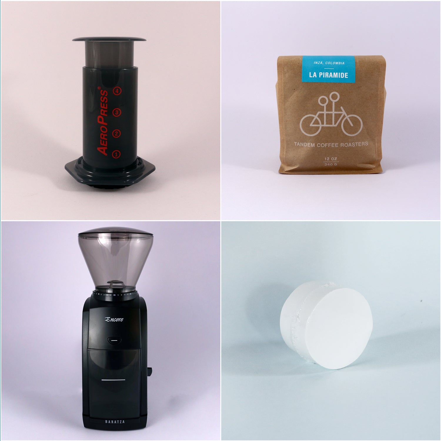 Collage of four images depicting a Tandem Coffee Roasters AeroPress Starter Kit, including the labeled AeroPress device, a bag of freshly roasted coffee beans, and a filter.