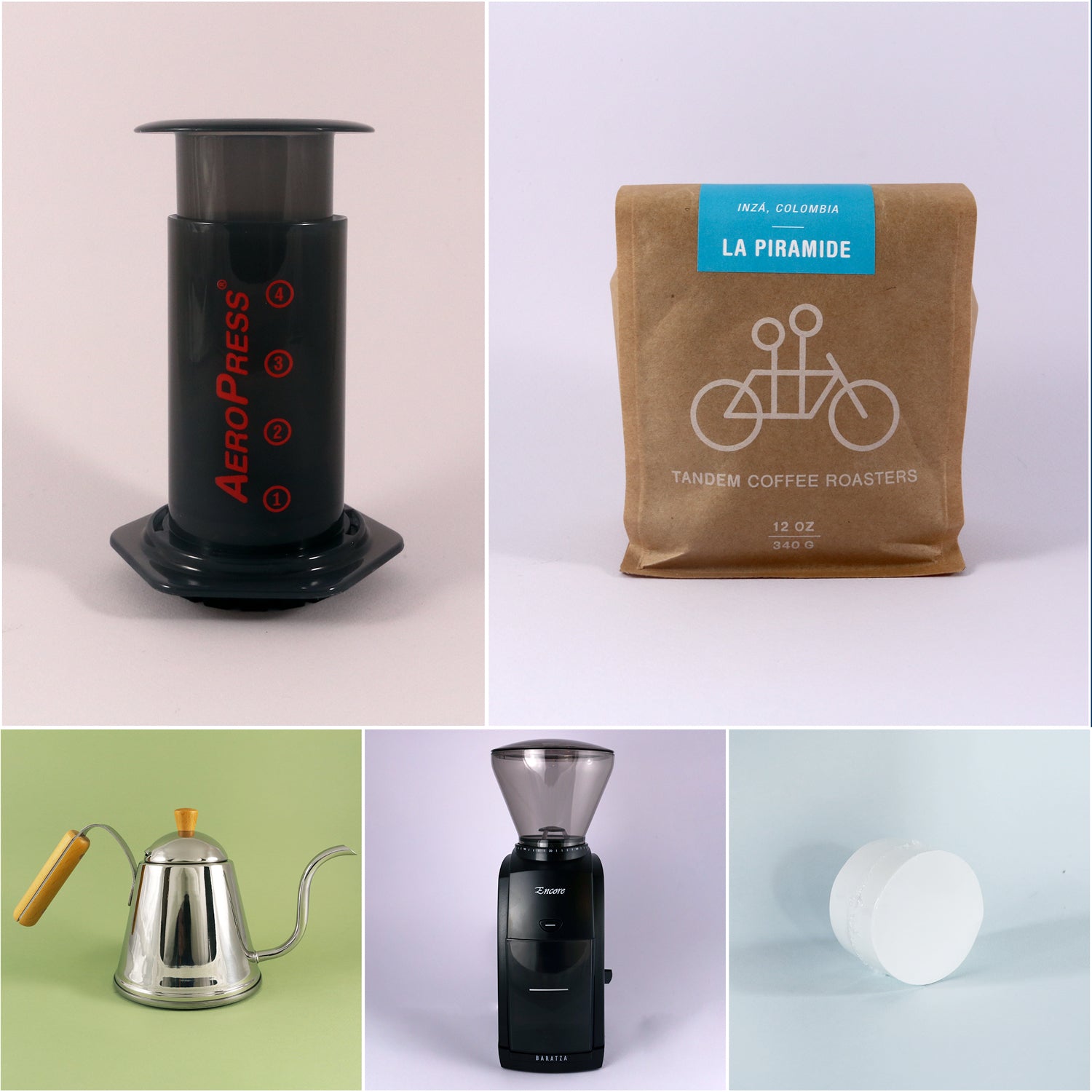 A collage featuring six images of coffee equipment: a Tandem Coffee Roasters AeroPress Starter Kit, a bag of freshly roasted coffee beans, a gooseneck kettle, a burr grinder, and two white ceramic cups.