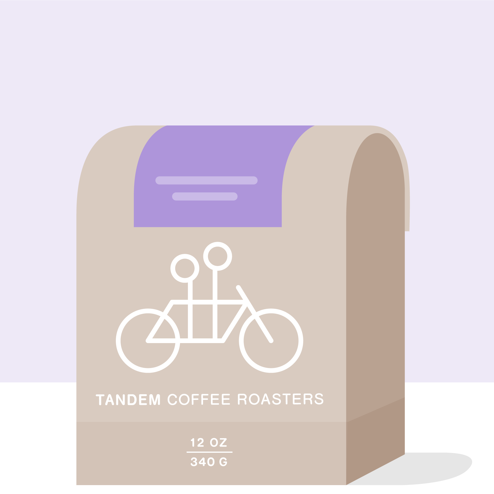 A beige 12 oz (340 g) Tandem Coffee Roasters bag features a white tandem bicycle, a purple accent on top, and highlights Bookkisa - Washed Ethiopia coffee.