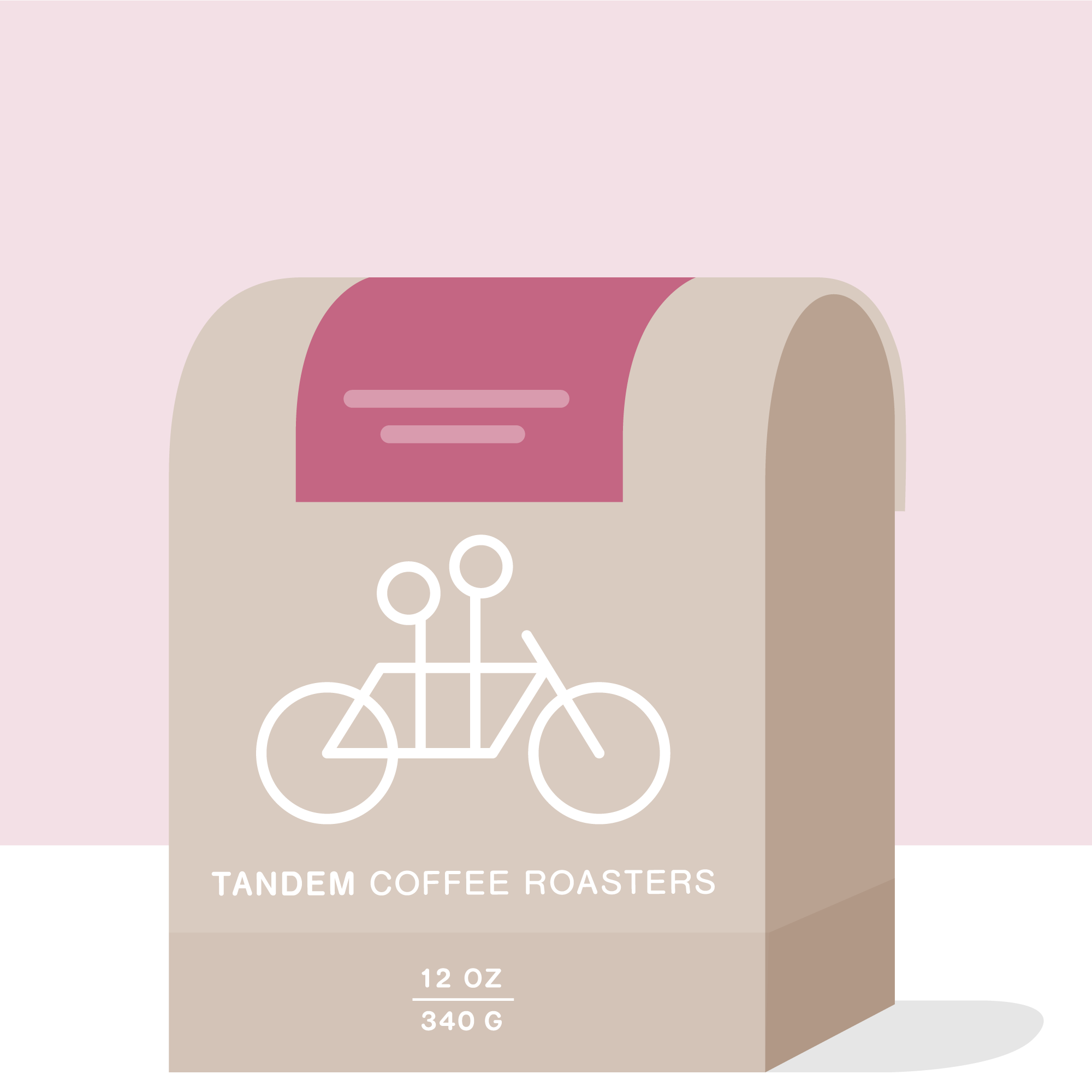 A beige 12 oz (340 g) coffee bag from Tandem Coffee Roasters features a pink label with a white tandem bike drawing and highlights the Busambo - Burundi coffee from Kayanza’s Umoco Washing Station.