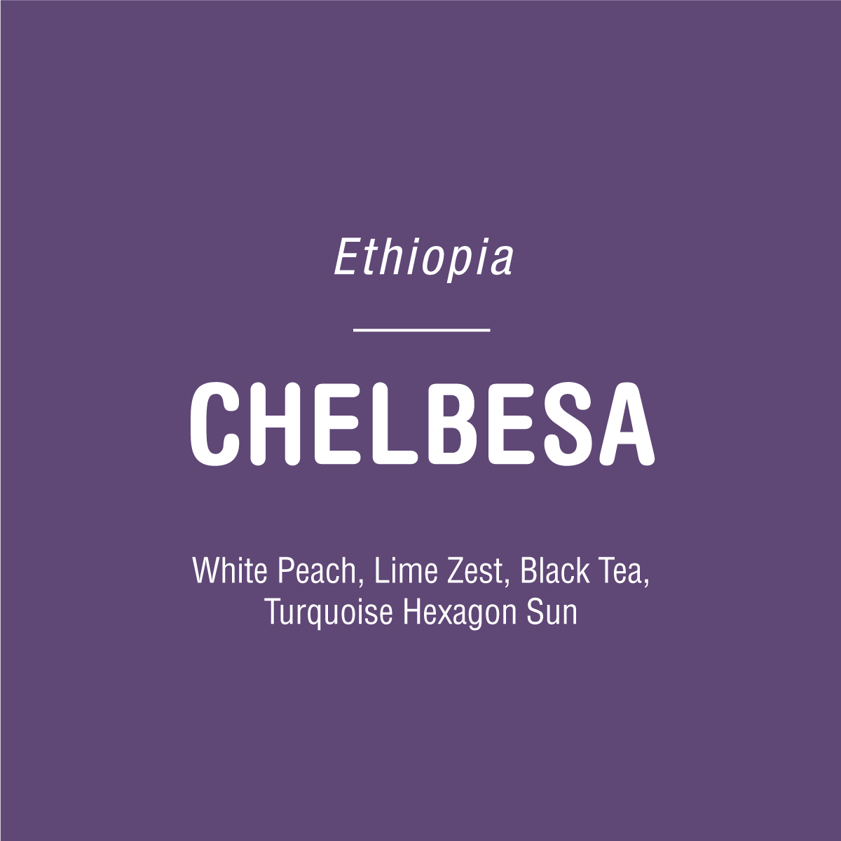 A purple square reads “Ethiopia” above a line, with CHELBESA in large text and tasting notes—White Peach, Lime Zest, Black Tea, Turquoise Hexagon Sun—showcasing Chelbesa - Ethiopia from Tandem Coffee Roasters.