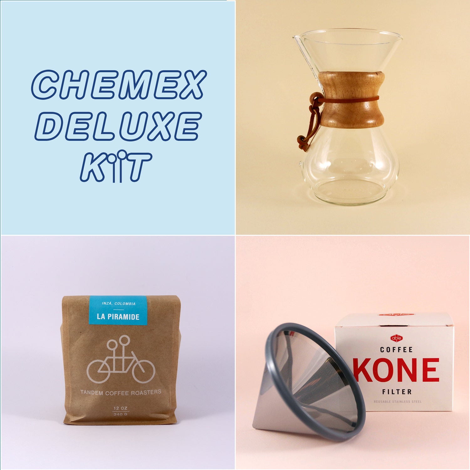 Collage of four images: top left shows the text "Tandem Coffee Roasters Chemex Deluxe Kit", top right features a Chemex Brewer, bottom left displays a bag of "la primera" coffee, and bottom right