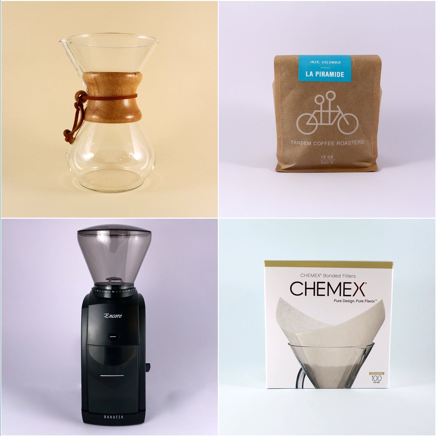 A collage of four images: top left shows the text "Chemex Starter Kit", top right features a Chemex coffee maker, bottom left displays a bag of "freshly roasted La Pir" from Tandem Coffee Roasters.