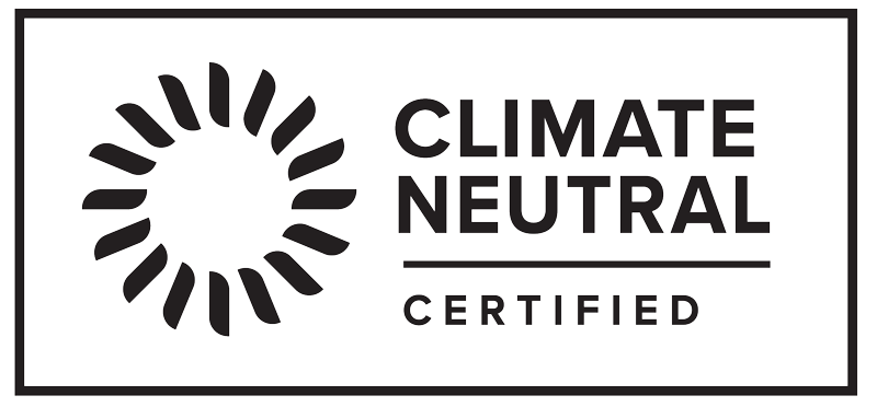 Logo featuring the words "climate neutral certified" in bold, with a stylized sun symbol above the text, all enclosed in a rectangular border.
