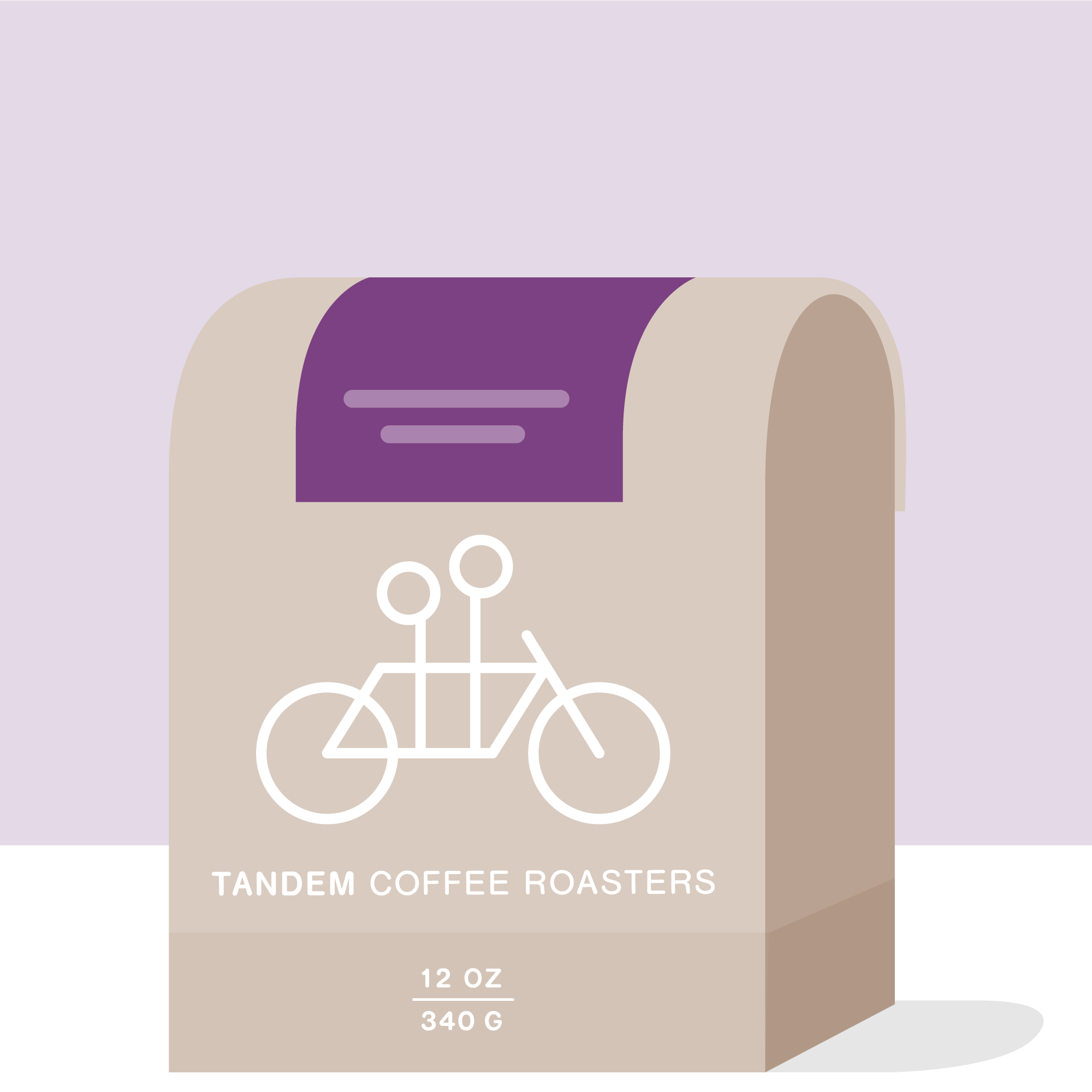 A minimalistic design featuring a beige Danche - Ethiopia takeaway coffee bag from Tandem Coffee Roasters, with "SNAP Specialty Coffee" and a tandem bicycle logo on it, set against a rich purple background. The bag also displays a 12 oz