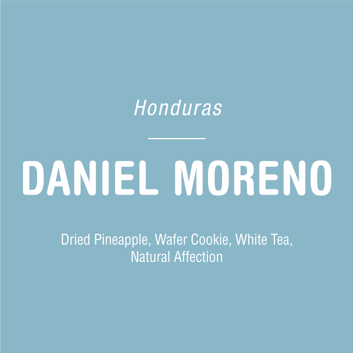 Light blue background with white text: Tandem Coffee Roasters Daniel Moreno - Honduras, Pacas & Gesha blend. Tasting notes of dried pineapple, wafer cookie, and white tea. Natural Affection.