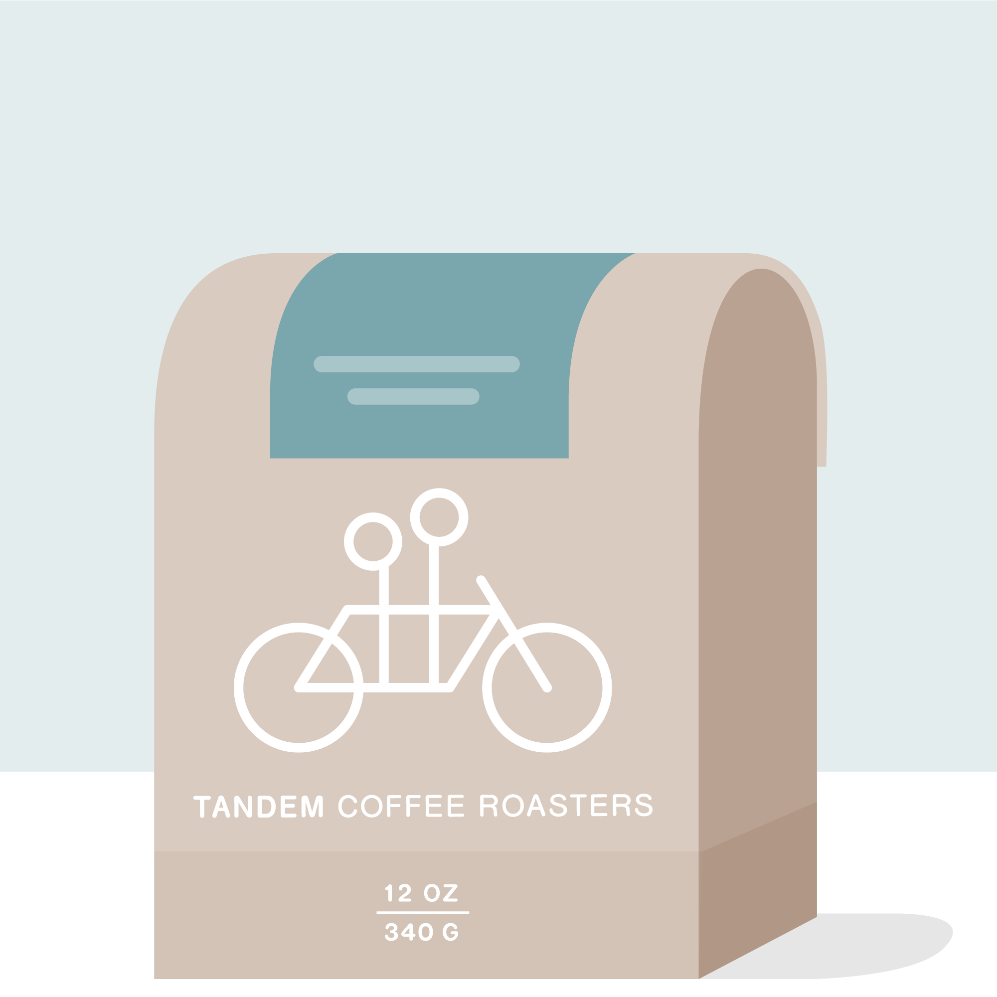 A beige Tandem Coffee Roasters bag labeled "David Muñoz - Honduras" features a simple white tandem bike, a blue accent near the top, and displays 12 oz (340 g) of premium Honduran coffee.