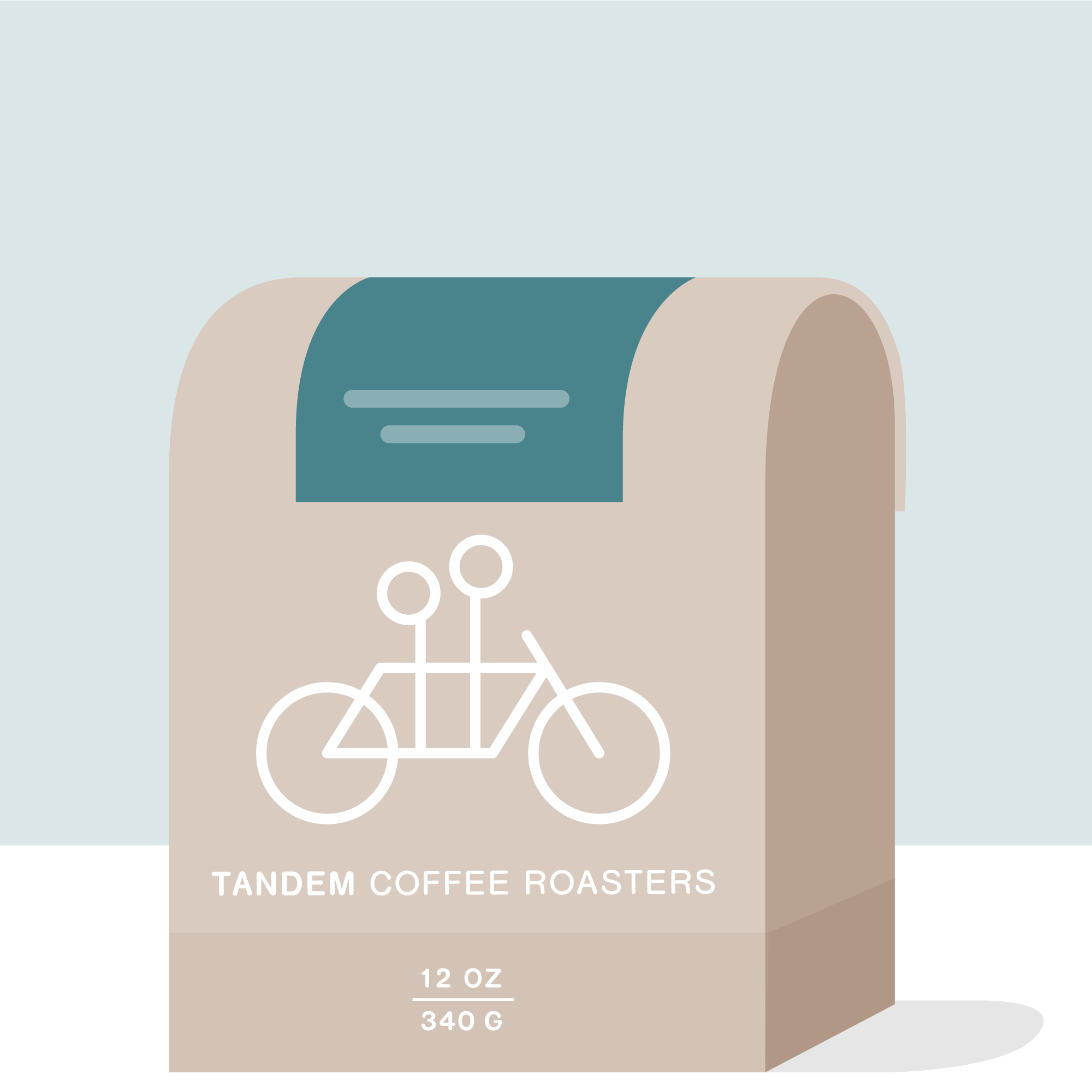 A beige 12 oz (340 g) coffee bag from Tandem Coffee Roasters with a teal label and white tandem bicycle drawing. Featuring Dolmin Moreno - Honduras, the bag is set against a light blue and white background.