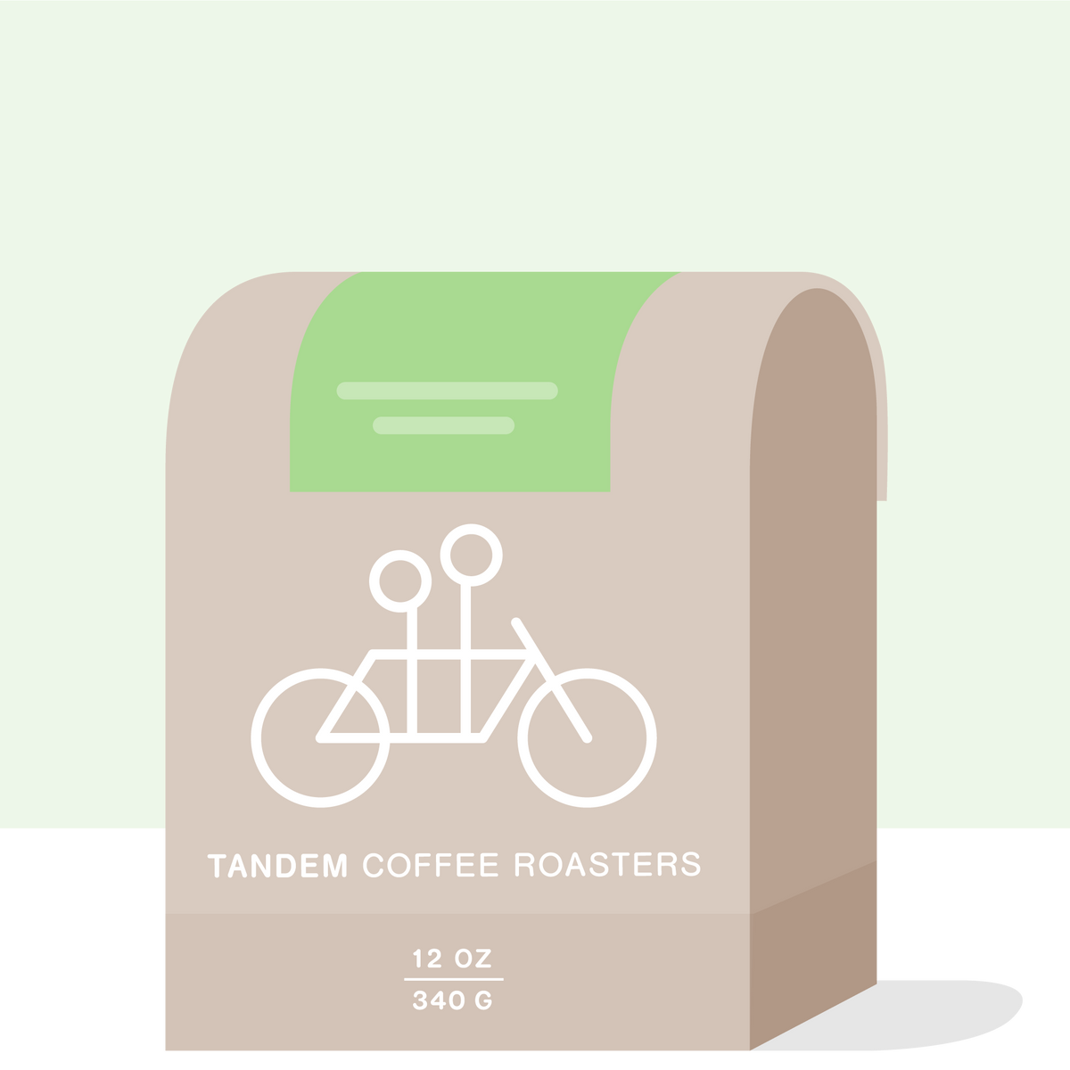 A tan coffee bag of Danche Yellow Honey- Ethiopia, featuring a white line drawing of two people on a tandem bicycle, with text indicating 12 ounces and 340 grams.