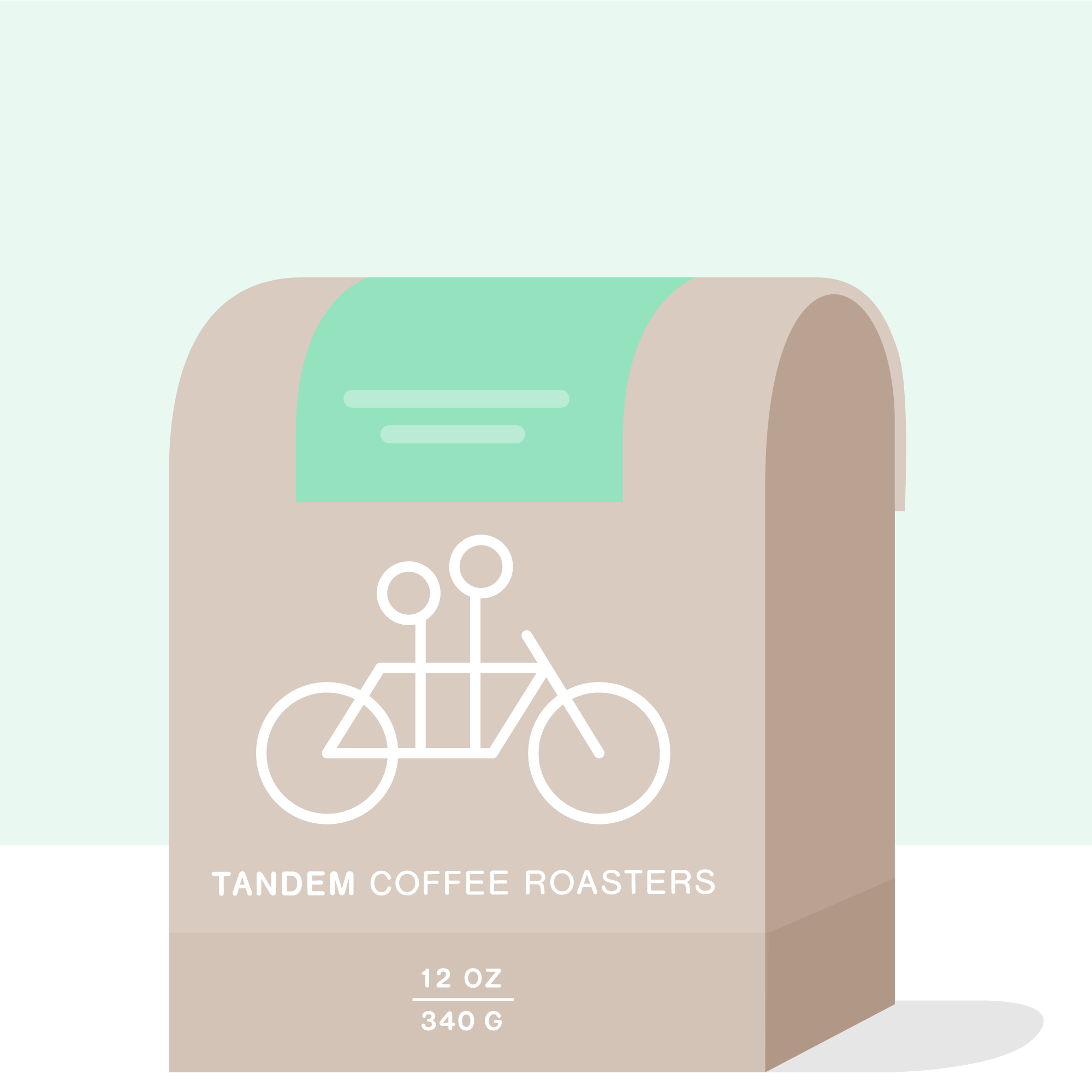 A beige coffee bag from Tandem Coffee Roasters features a white tandem bicycle illustration, a mint green label, and highlights El Paraiso Huila beans. The front reads "Ernedis Rodriguez Java - Colombia," 12 oz, 340 g.