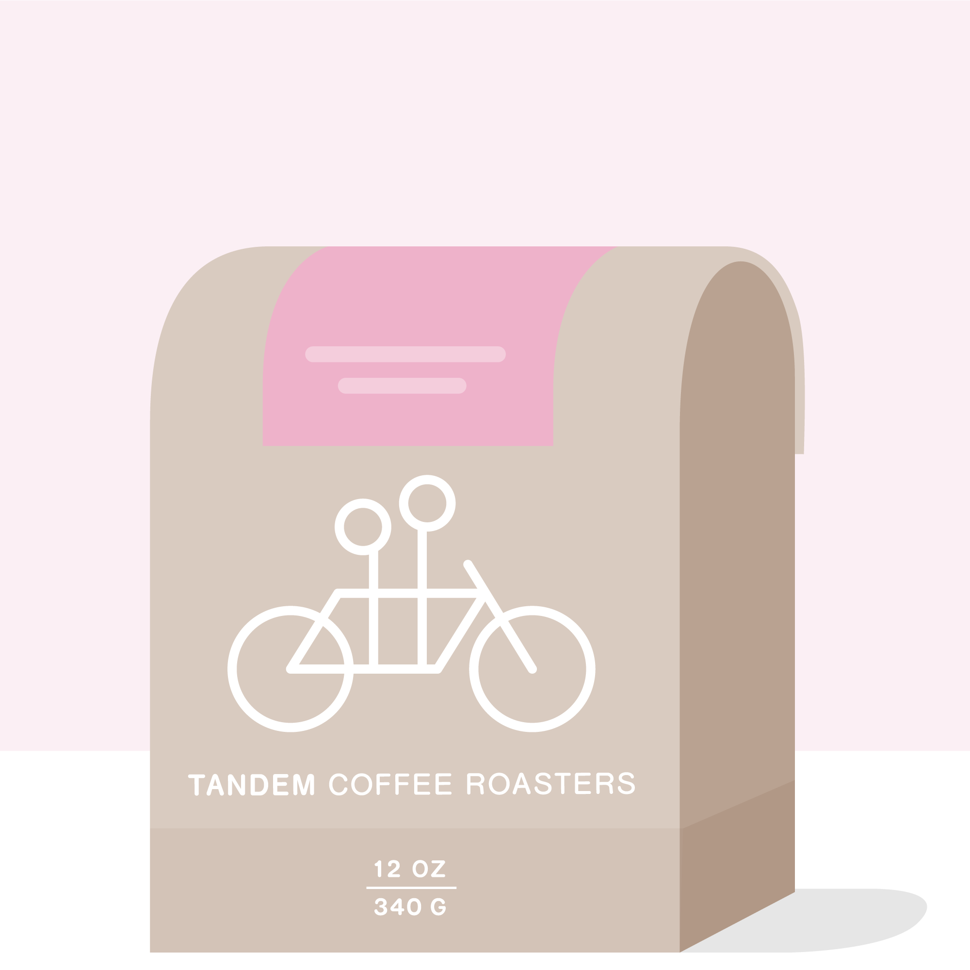 A beige coffee bag with a pink label, displaying a white tandem bicycle illustration and “Tandem Coffee Roasters.” Contains 12 oz (340 g) of Fausto Romo Honey - Ecuador, honey-processed Sidra La Carolina coffee.
