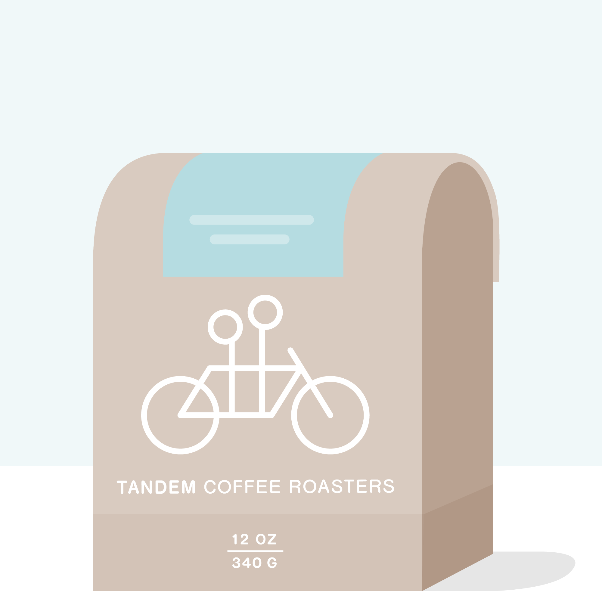 A beige 12 oz (340 g) coffee bag from Tandem Coffee Roasters, featuring a tandem bicycle illustration and light blue accent, contains Faver Ninco Pink Bourbon, February Harvest—beans from Central Huila, Colombia.