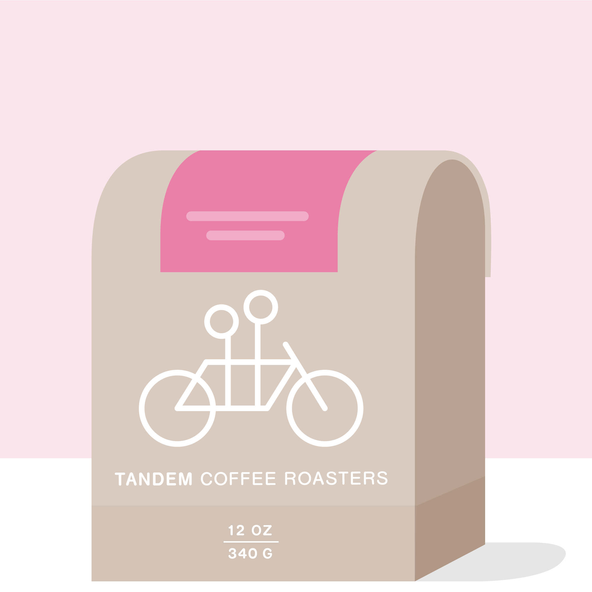 A tan coffee bag featuring a white line drawing of a tandem bicycle and the text Faver Ninco - Colombia, Tandem Coffee Roasters, 12 oz, 340 g stands out against a pink background, highlighting this specialty coffee.