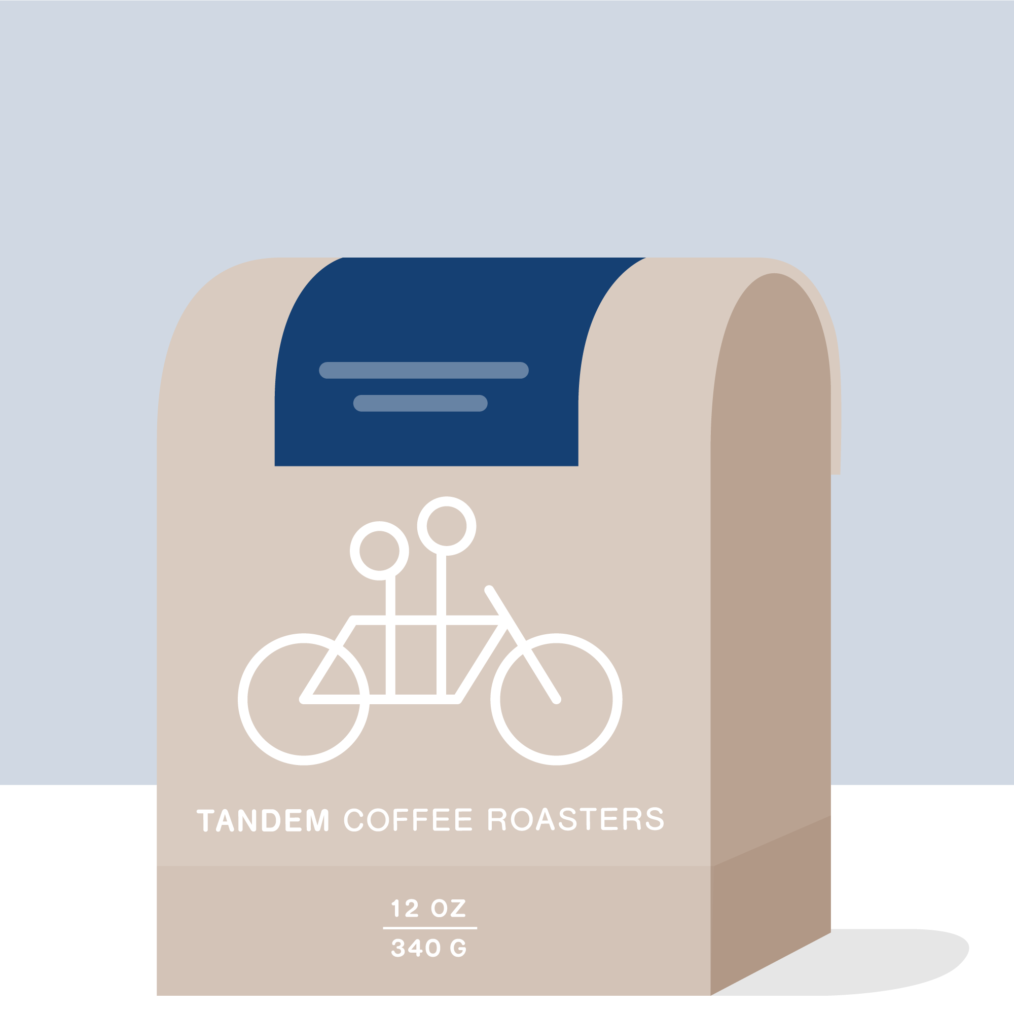 A beige 12 oz (340 g) bag from Tandem Coffee Roasters labeled Faver Ninco Pink Bourbon - Colombia features a simple white tandem bike illustration and blue accent.