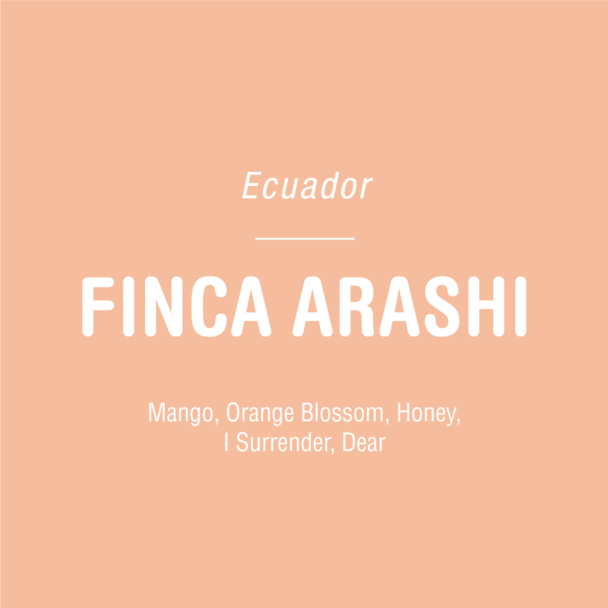 Peach background with white text: Finca Arashi - Ecuador by Tandem Coffee Roasters, Typica Mejorado, mango, orange blossom, honey notes—Abel Salinas. “I Surrender Dear.”.