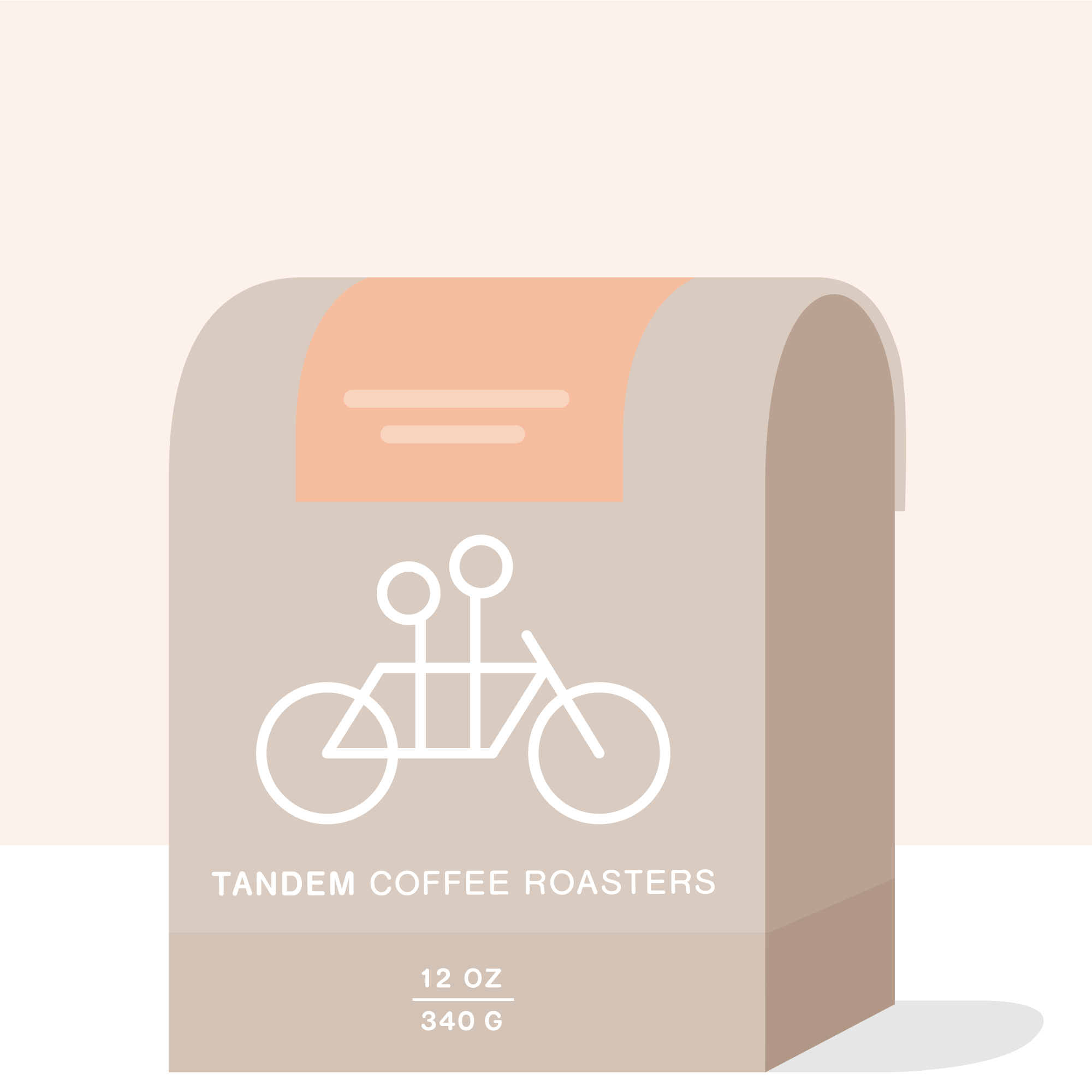 A minimalist illustration of a beige coffee bag with a tandem bicycle and the text Tandem Coffee Roasters, Finca Arashi - Ecuador, 12 oz (340 g), set against a peach background.