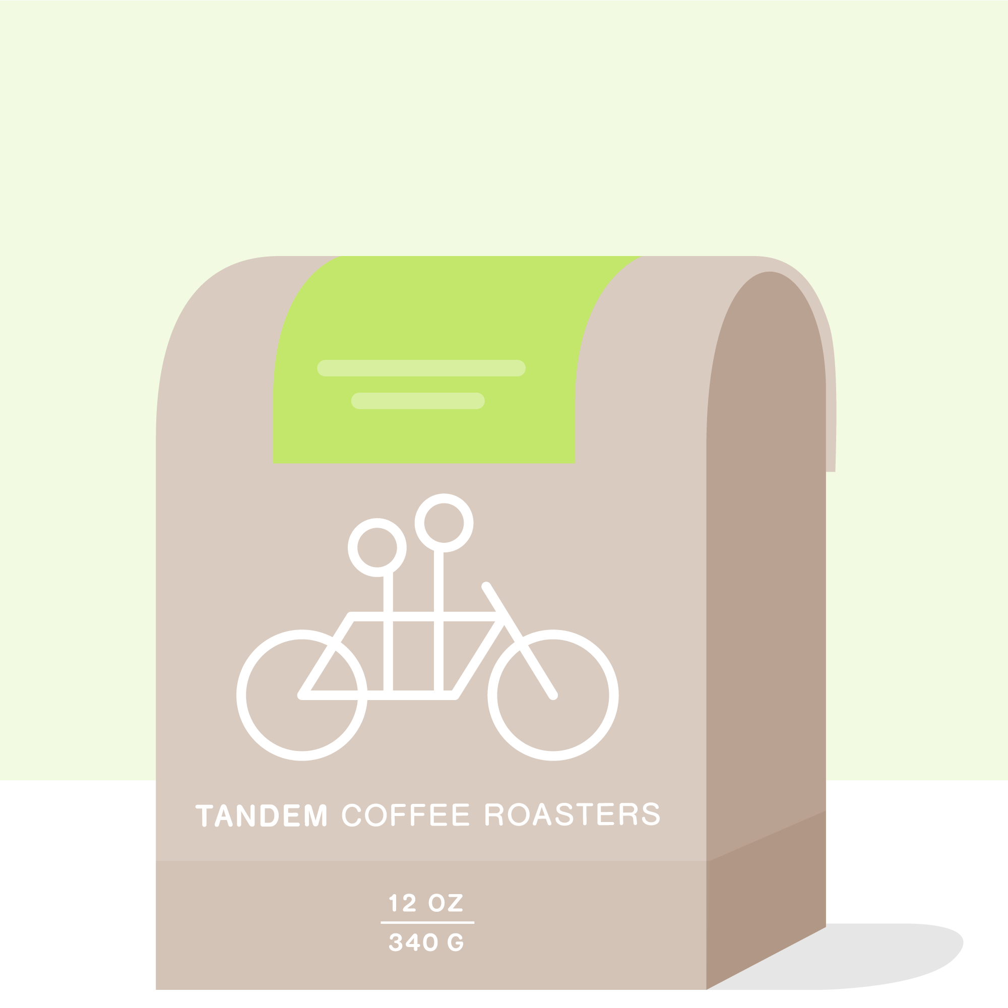 A beige coffee bag from Tandem Coffee Roasters labeled "Gedion Venero - Peru" features a simple white line drawing of a tandem bike and a green accent, highlighting 12 oz (340 g) of Peruvian coffee with Inca Gesha notes.