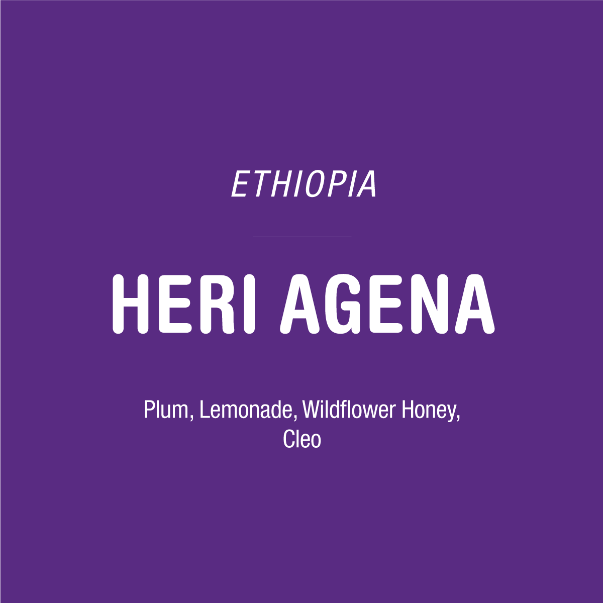 Purple square featuring text for Heri Agena - Ethiopia coffee, with tasting notes of plum, lemonade, wildflower honey, and cleo.