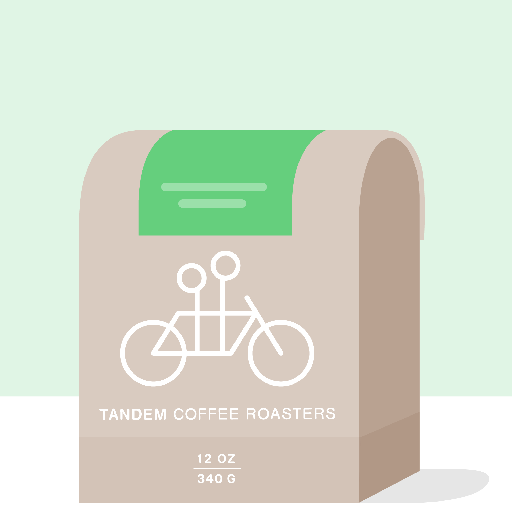 A beige Tandem Coffee Roasters bag labeled Javier Solis SL-28 - Costa Rica features a white bicycle graphic, green accent, and highlights high-elevation El Cedral Tarrazu coffee. The bottom shows 12 oz and 340 g.