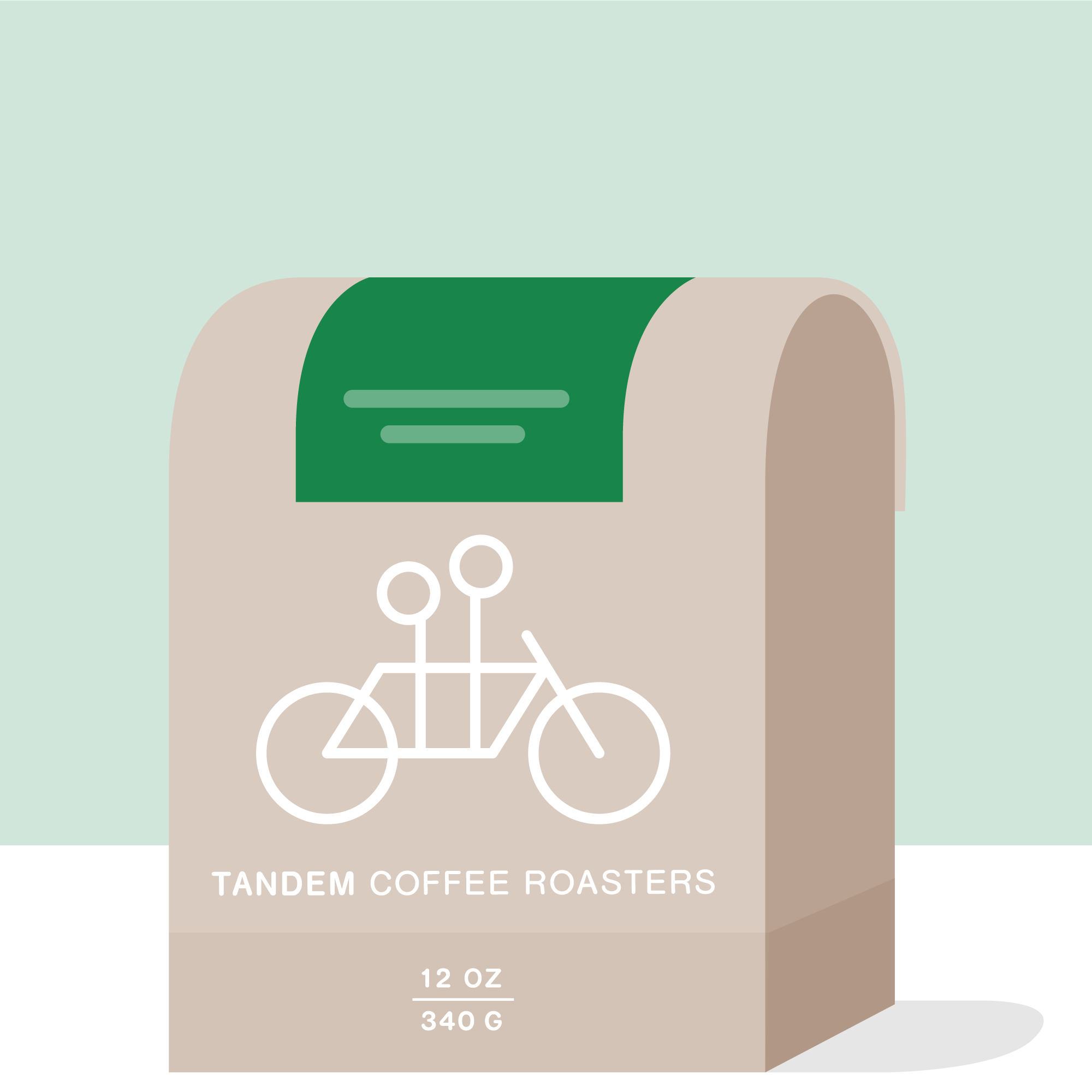 A beige coffee bag with a green top, featuring a simple white line drawing of a tandem bicycle and the text Tandem Coffee Roasters, 12 oz, 340 g on the front—highlighting their Javier Solis Honey - Costa Rica coffee.