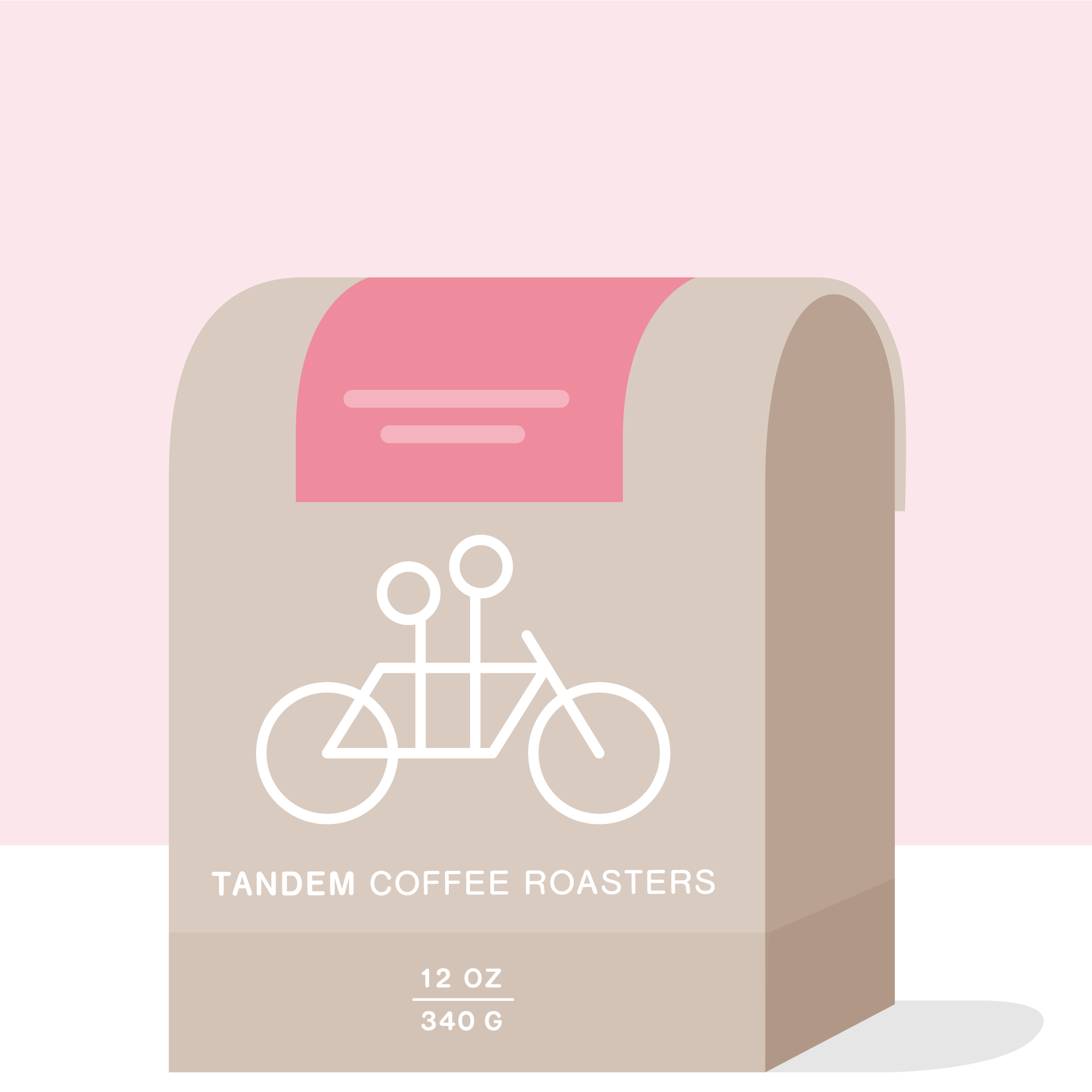Minimalist beige coffee bag for Tandem Coffee Roasters’ Kiamugumo - Kenya, 12 oz (340 g), features a tandem bicycle and text, with coffee from Kiamugumo near Mount Kenya National Park set against a pink and black background.