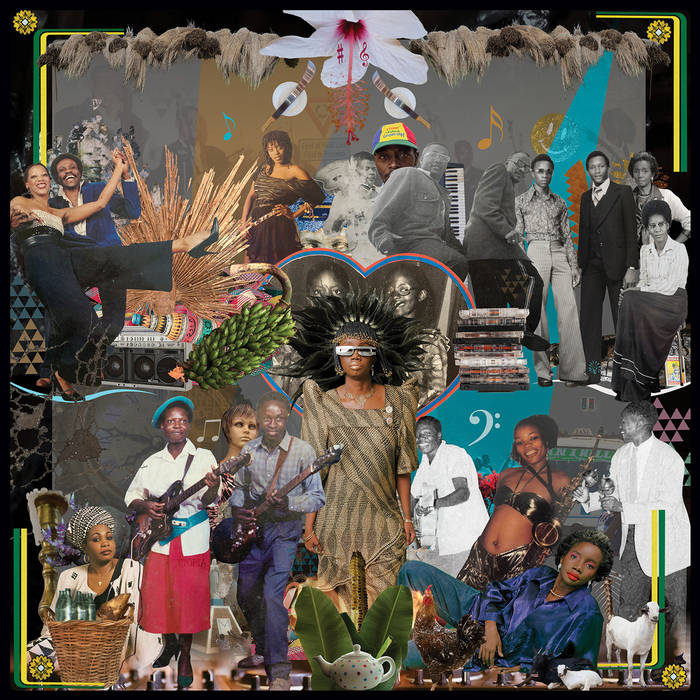 A vibrant collage for Tandem Coffee Roasters' "Kampire - A Dancefloor in Ndola" features Black musicians, performers, and families amid plants, fruit, music notes, instruments, and patterns. At the center stands a woman in elaborate gold attire.