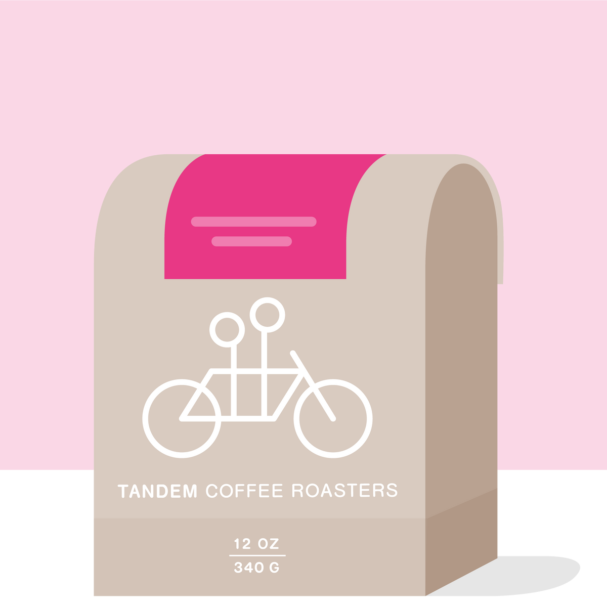 A bag of Tandem Coffee Roasters Kibingo - Kenya coffee featuring a line-art illustration of a tandem bicycle, a pink label at the top, and text indicating a 12-ounce or 340-gram weight.