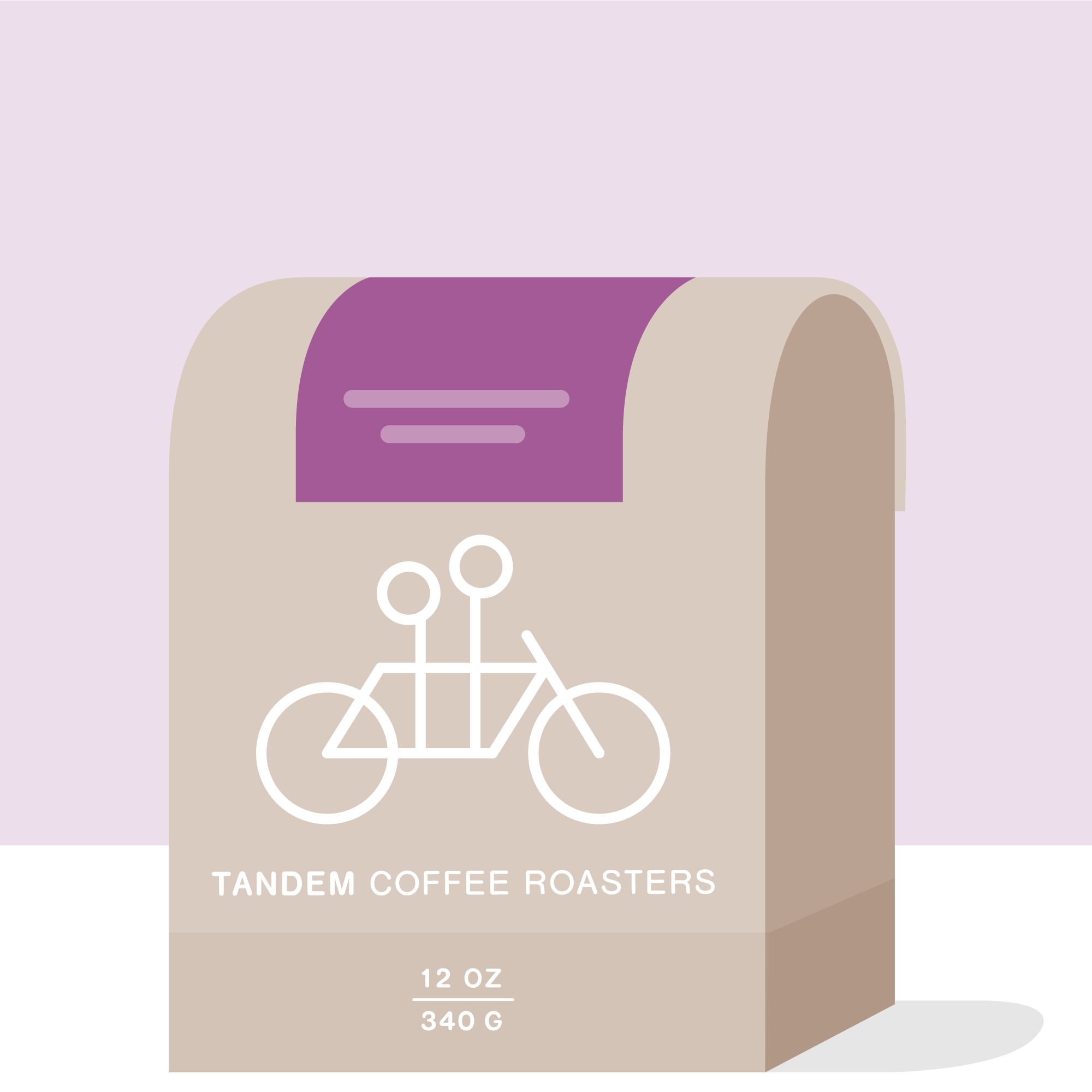 A beige 12oz (340g) bag of Tandem Coffee Roasters Layo Teraga - Ethiopia features a white tandem bicycle illustration, a purple accent at the top, and highlights beans from Ethiopias Layo Teraga cooperative.