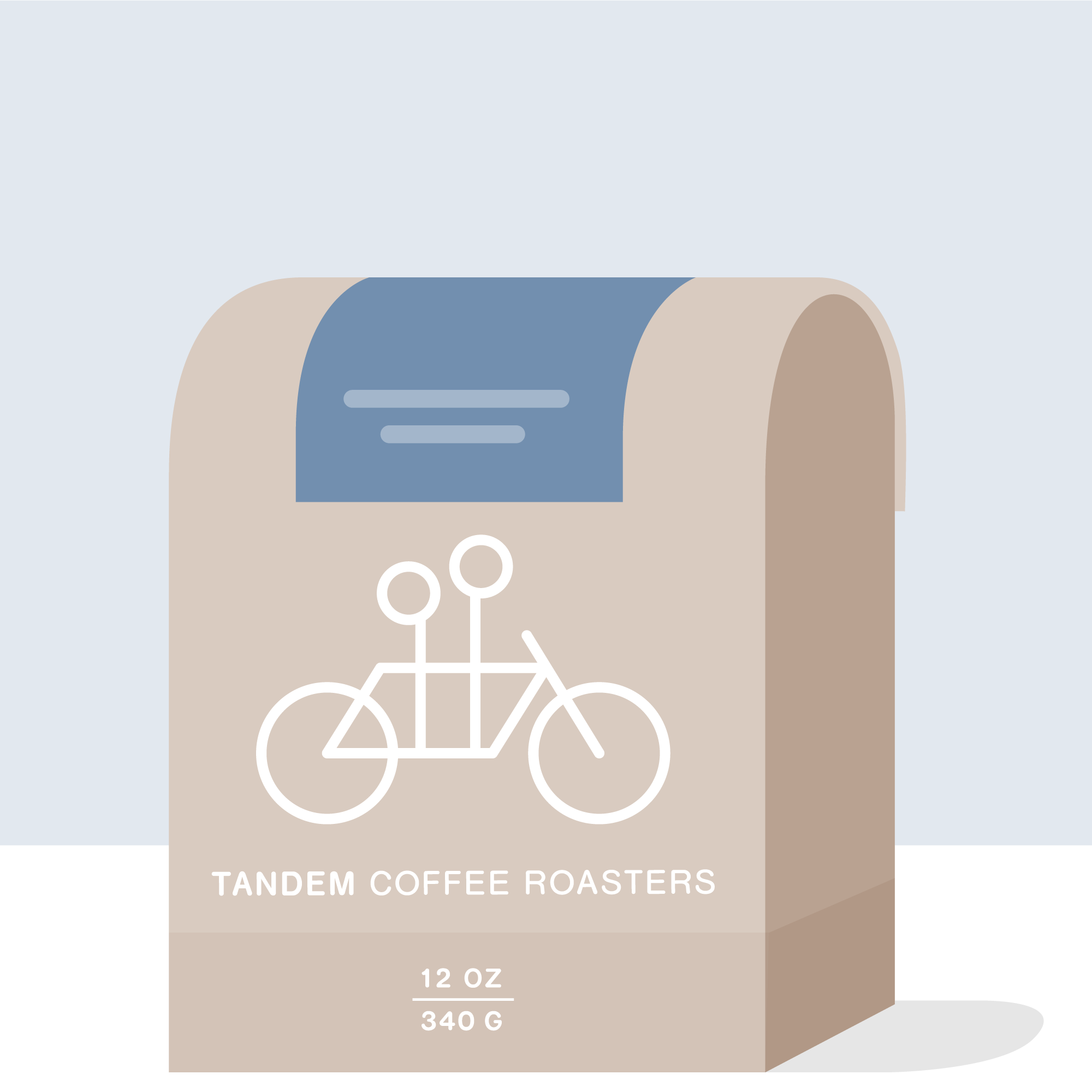 A beige 12 oz (340 g) bag from Tandem Coffee Roasters features a minimalist white tandem bicycle and bold blue rectangle, showcasing their "Luis Felix Caicedo - Colombia" coffee.