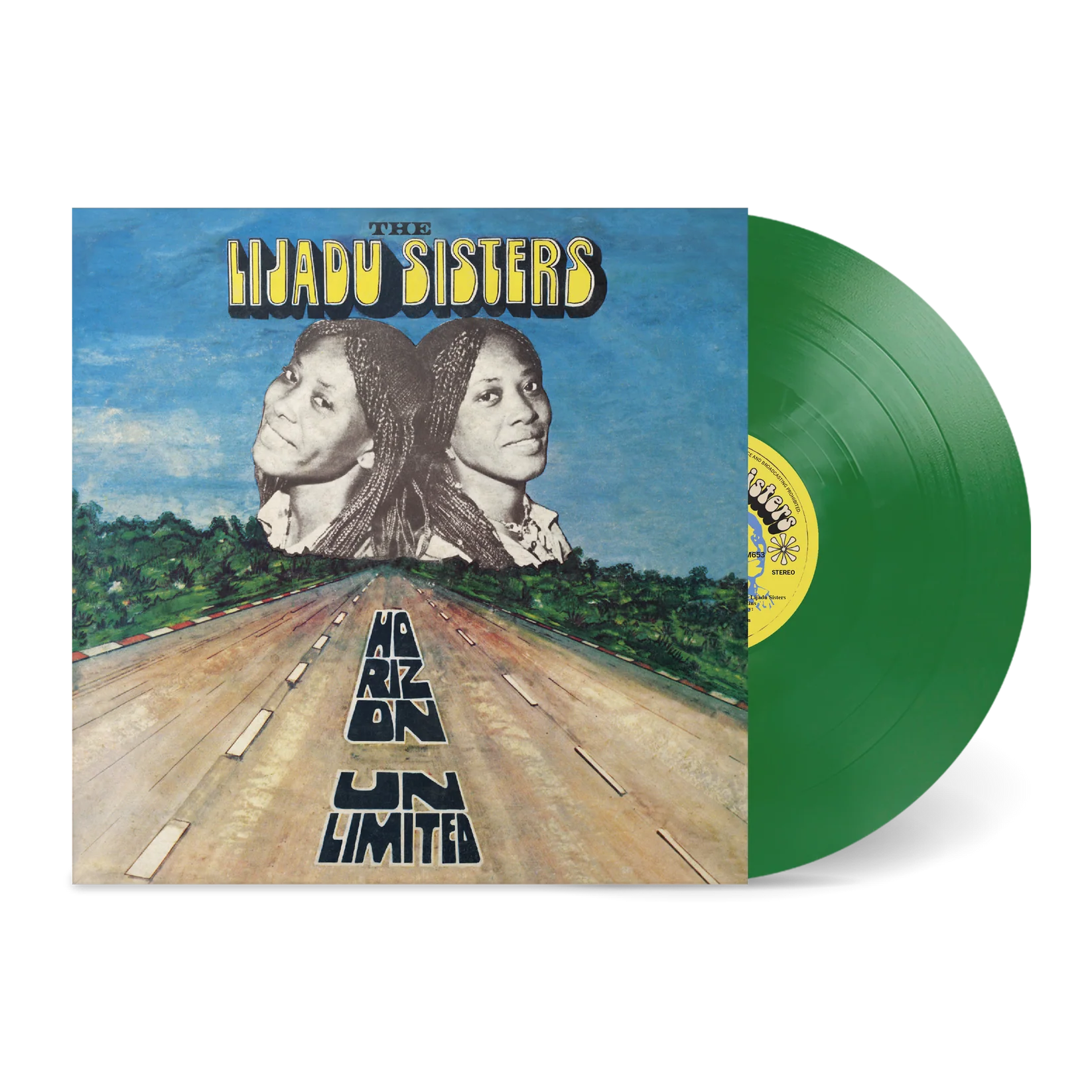 Album cover for Lijadu Sisters - Horizon Unlimited, by Tandem Coffee Roasters, shows the sisters’ faces above a stretching road and green vinyl peeking out on the right.