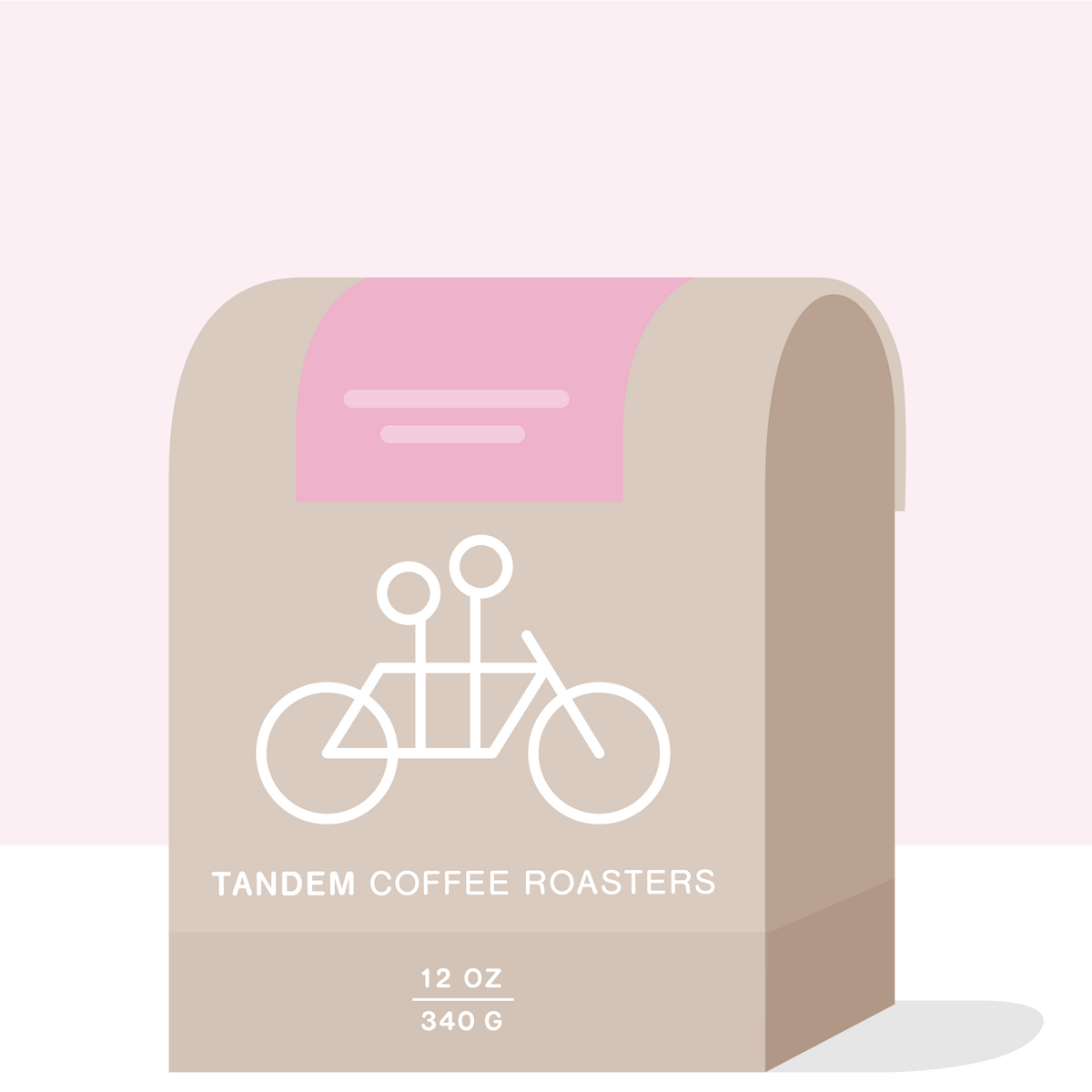 Illustration of a beige Miraflores - Ecuador coffee bag from Tandem Coffee Roasters featuring a simple white line drawing of a tandem bicycle. The background is pink, and the bag contains 12 oz.
