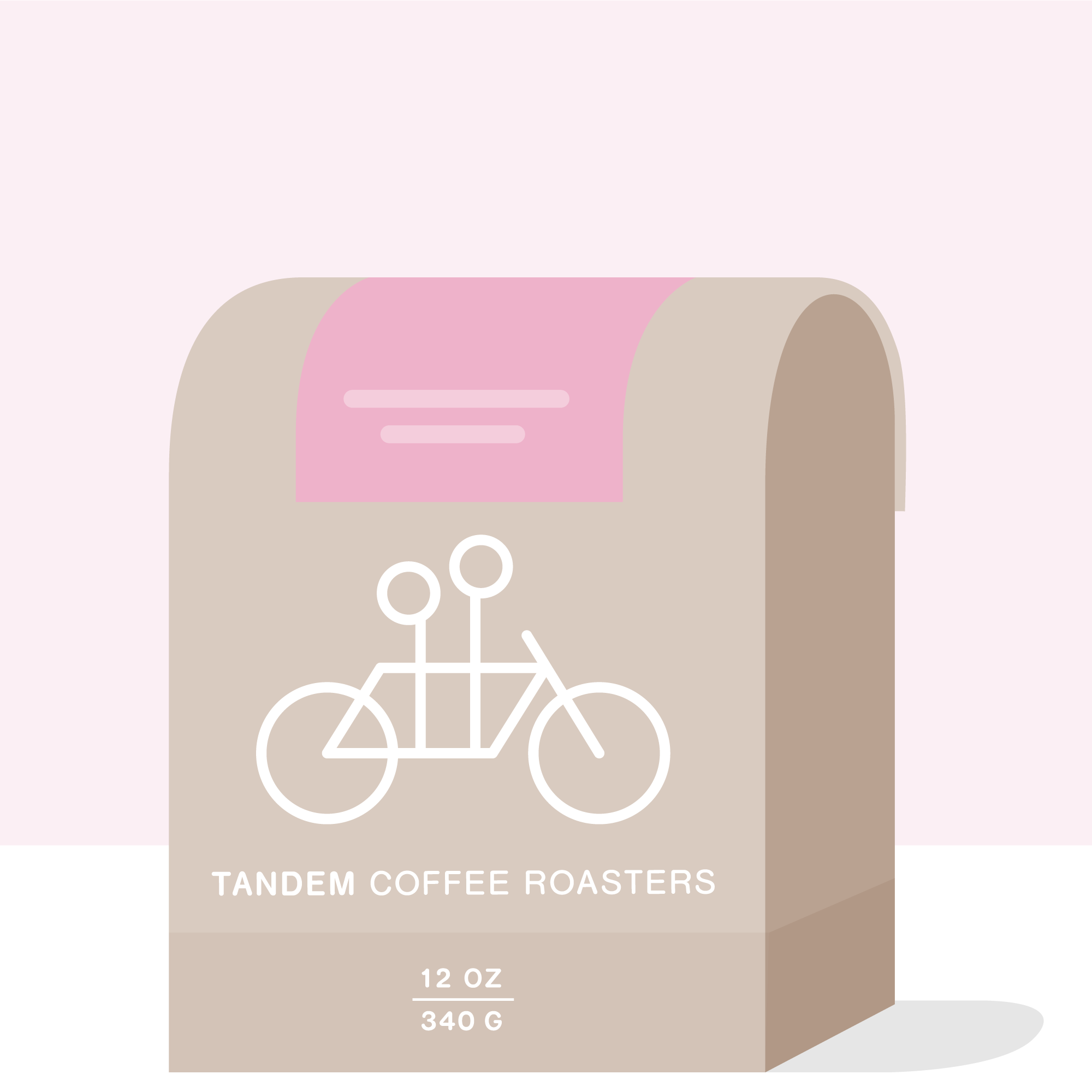 Illustration of a beige Miraflores - Ecuador coffee bag from Tandem Coffee Roasters featuring a simple white line drawing of a tandem bicycle. The background is pink, and the bag contains 12 oz.