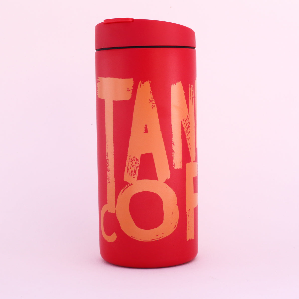 Red Tandem Coffee Roasters MiiR Painted Mug with a black lid and large, orange text reading TAN CO wrapped around the side.