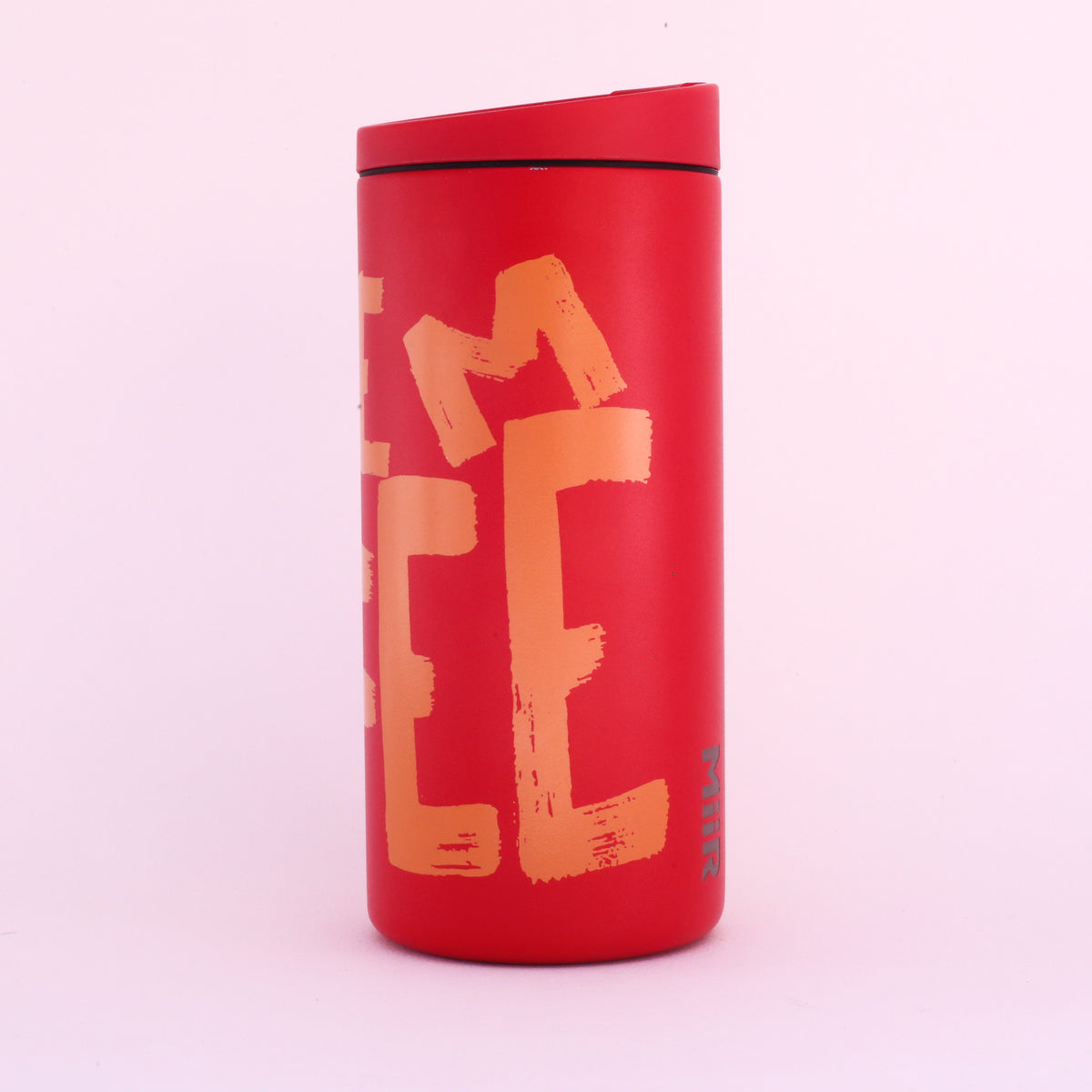 Red Tandem Coffee Roasters MiiR Painted Mug with a lid and large, orange, distressed text reading IM EE.