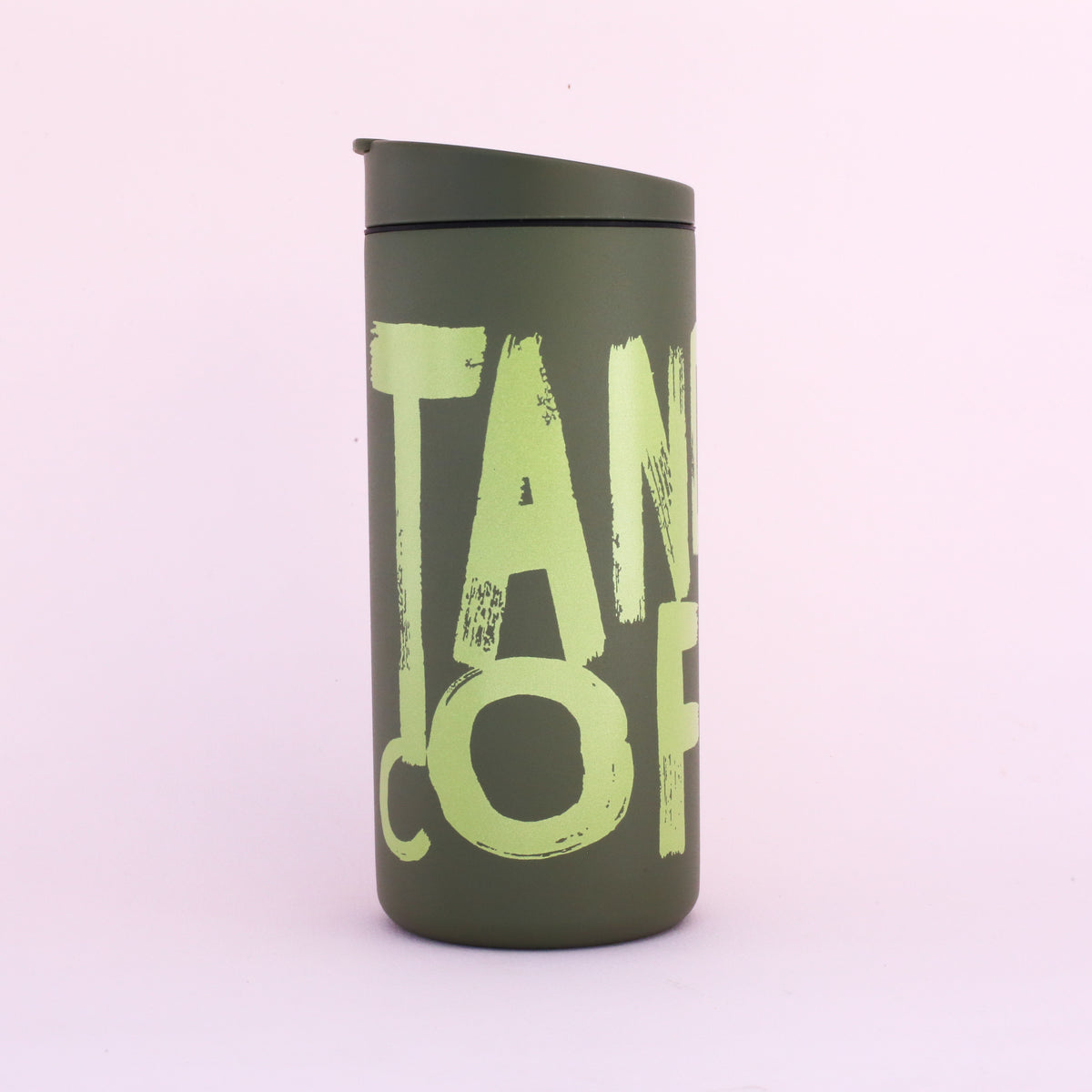 Olive green MiiR Painted Mug with a matching lid and large, light green brushstroke-style lettering.
