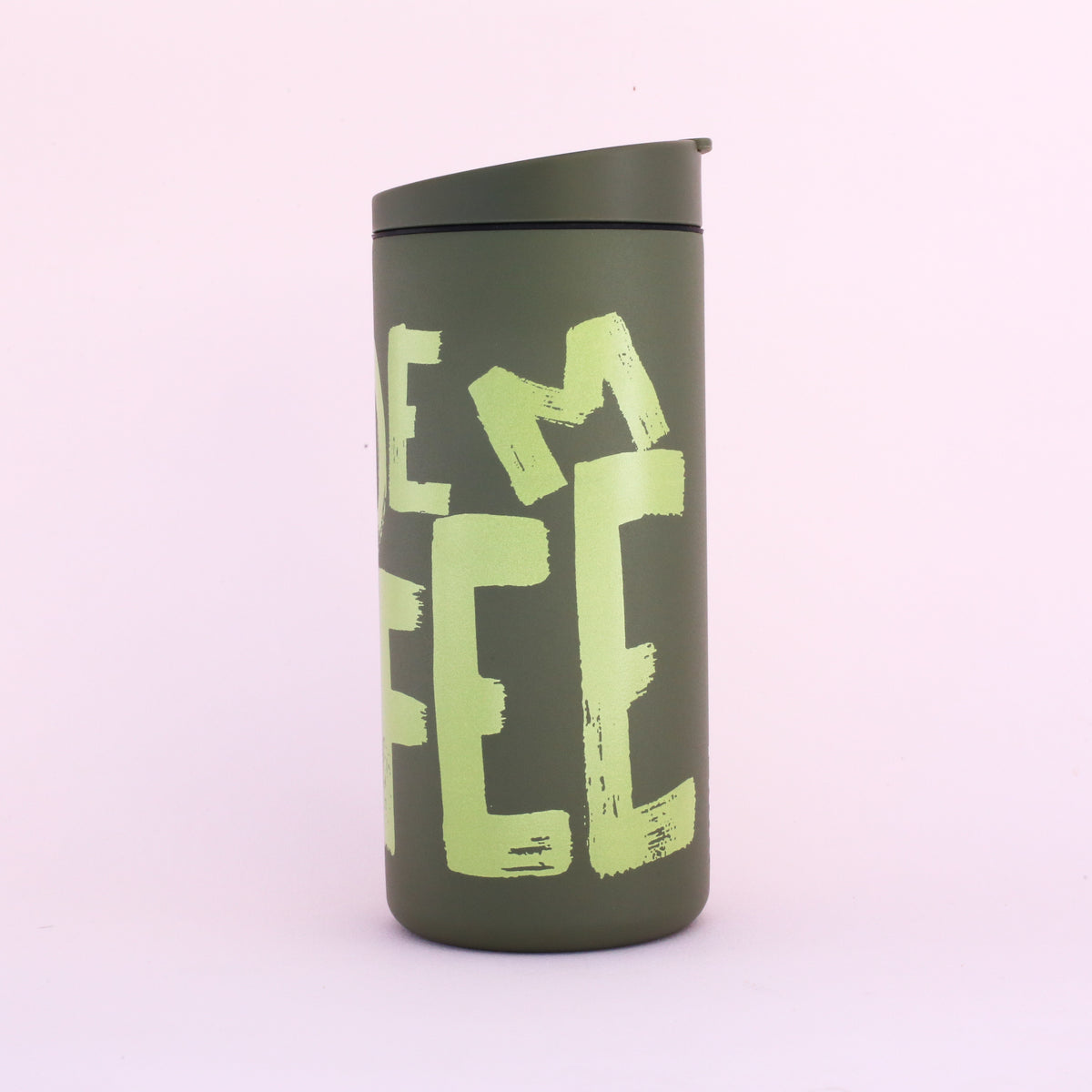 Olive green Tandem Coffee Roasters MiiR Painted Mug with a lid and light green, brush-stroke style text that reads DEM FEE.