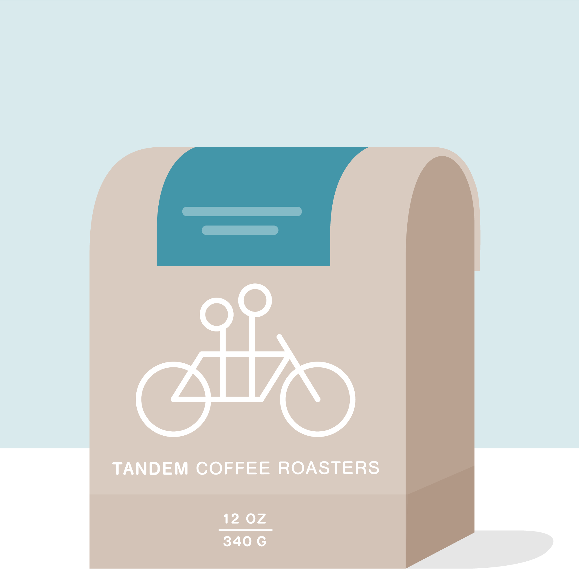 A beige 12 oz (340 g) Tandem Coffee Roasters bag labeled "Jose Nectali Otaya - Colombia" features a white tandem bike illustration and blue-accented top, hinting at its Buesaco Nariño, Colombia origin.