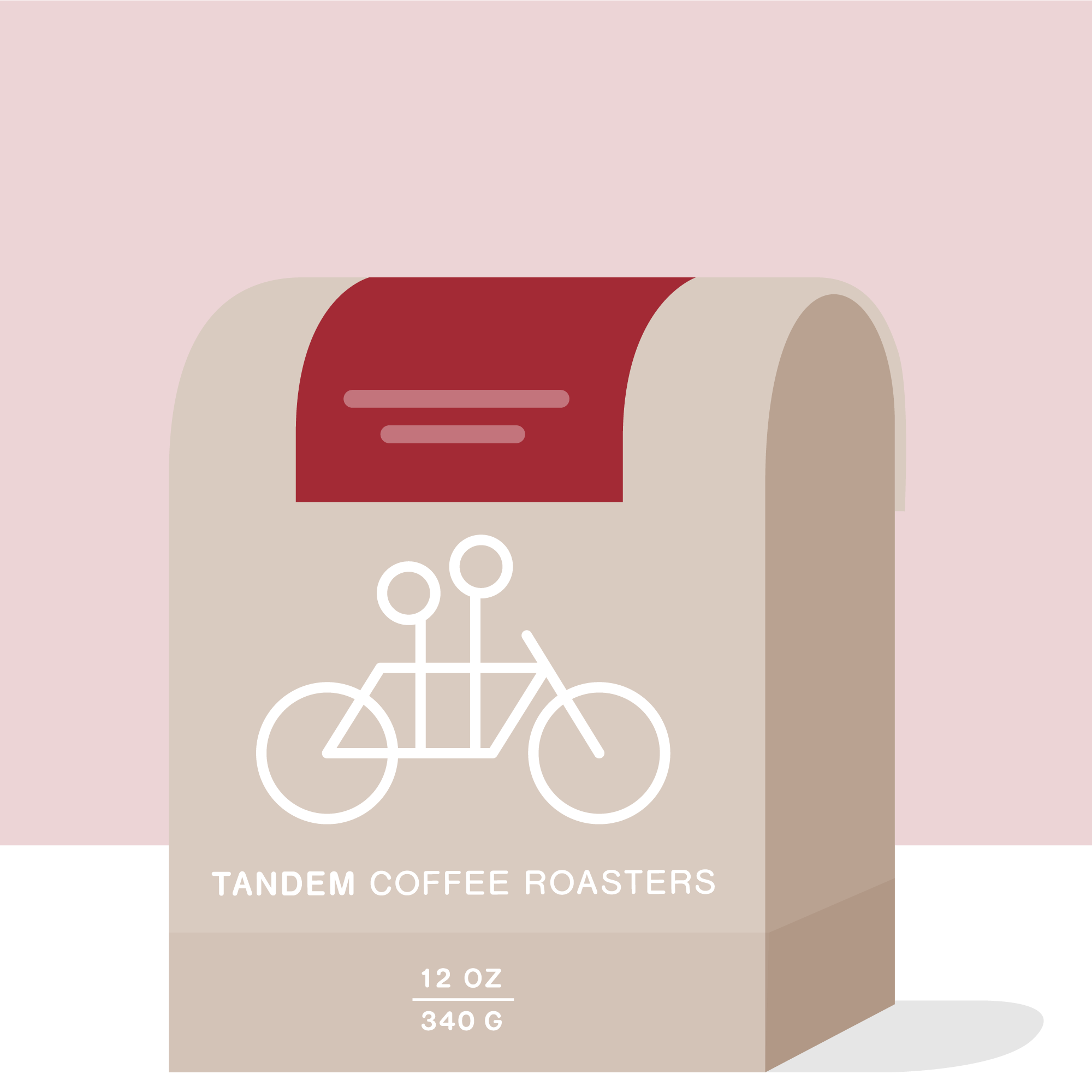 A beige 12 oz (340 g) coffee bag from Tandem Coffee Roasters, labeled "Nyamurinda - Rwanda," features a white tandem bike illustration and red top accent on a light pink background, highlighting Rwandan coffee from women producers.