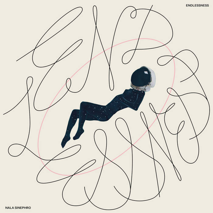 A floating figure in a starry black suit and helmet is set against a cream background with handwritten "Endlessness." "Nala Sinephro - Endlessness" by Tandem Coffee Roasters appears in the bottom left corner.