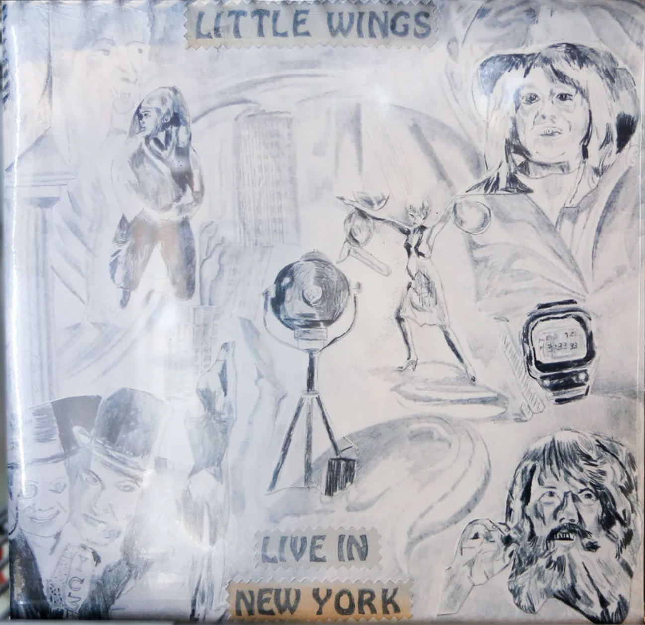 Black-and-white illustrated collage for Tandem Coffee Roasters' "Little Wings - Live in New York," featuring faces, a dancer, a film light, a digital watch, and the album title at the top and bottom.