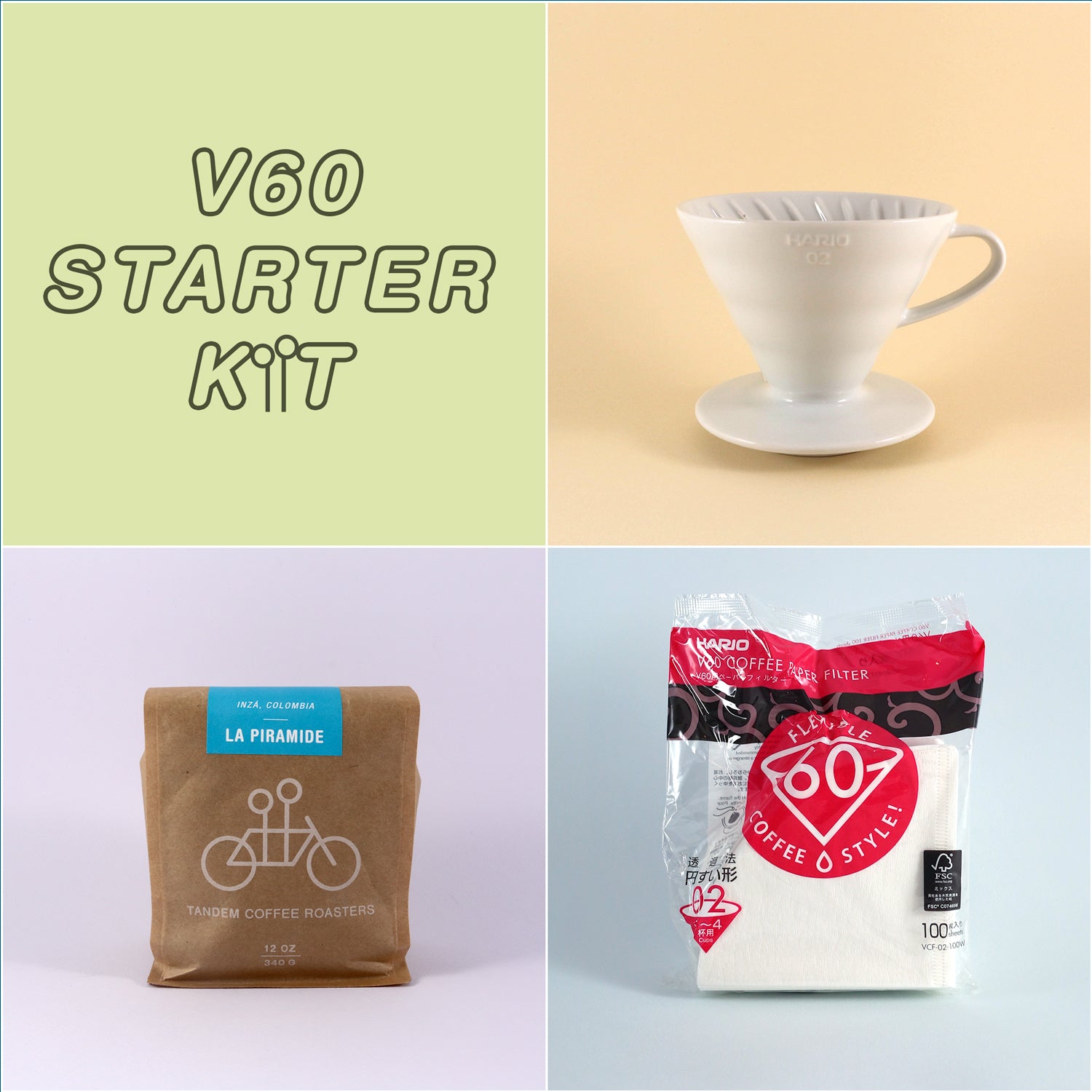 A collage of four images: top left shows "Tandem Coffee Roasters V60 Starter Kit" text, top right displays a white Hario V60 coffee driaper on a cup, bottom left features a bag of freshly.