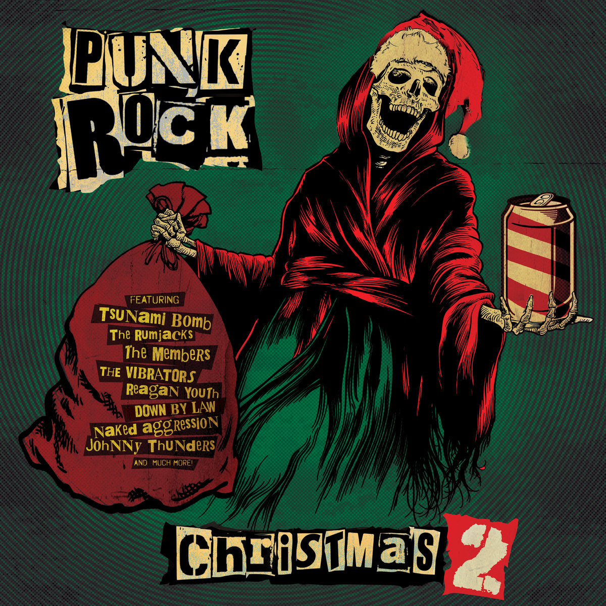 Album cover for "Punk Rock Christmas Vol. 2" featuring a skeletal Santa in red robes holding a sack and gift, with band names like Tsunami Bomb and The Rumjacks listed.