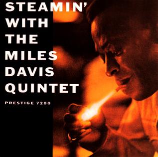 Album cover for Miles Davis - Steamin’ from Tandem Coffee Roasters shows Miles Davis lighting a cigarette in warm orange tones, with bold white text for the title and artist, featuring tracks including When I Fall in Love and Salt Peanuts.