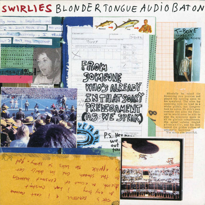 A collage with handwritten notes, photos, sketches, and clippings features “Swirlies - Blonder Tongue Audio Baton” from Tandem Coffee Roasters in bright text at the top and bold central text: “From someone who’s already in that scary predicament (as we speak).”.