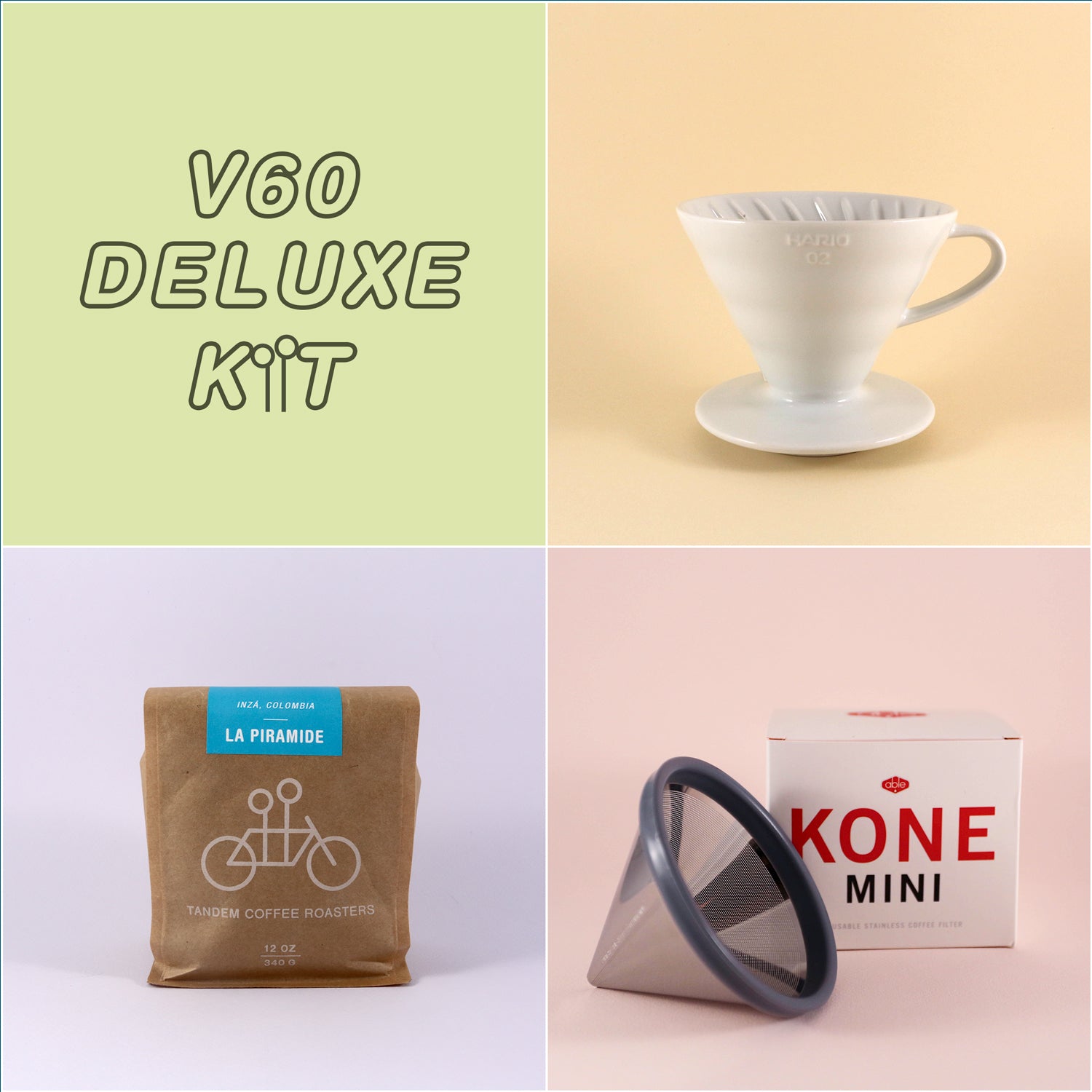 Collage of four images: top left is text "Tandem Coffee Roasters V60 Deluxe Kit", top right is a white coffee dripper, bottom left is a bag of coffee beans labeled "freshly roasted