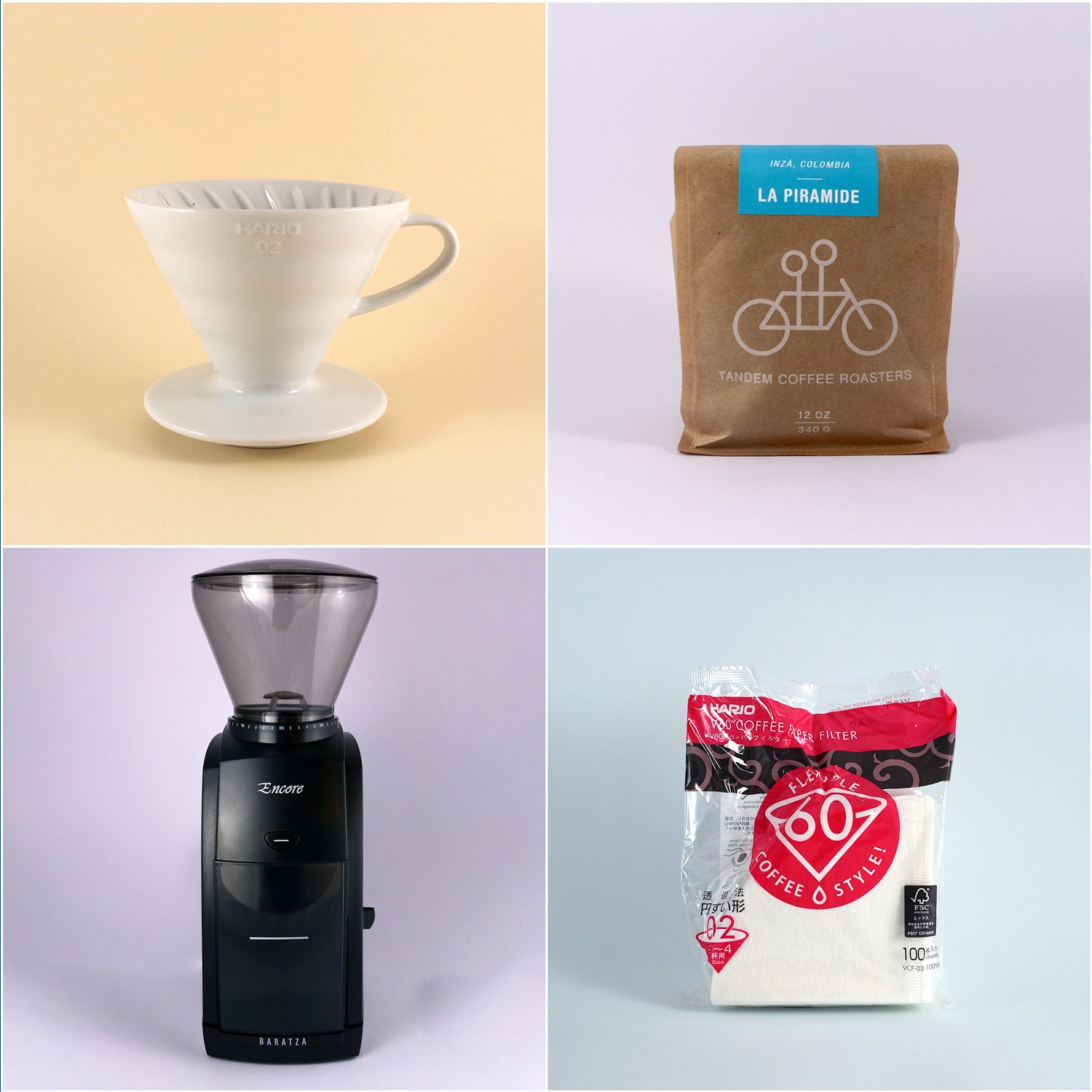 A collage of four images: top left shows "Tandem Coffee Roasters V60 Starter Kit" text, top right displays a white Hario V60 coffee driaper on a cup, bottom left features a bag of freshly.